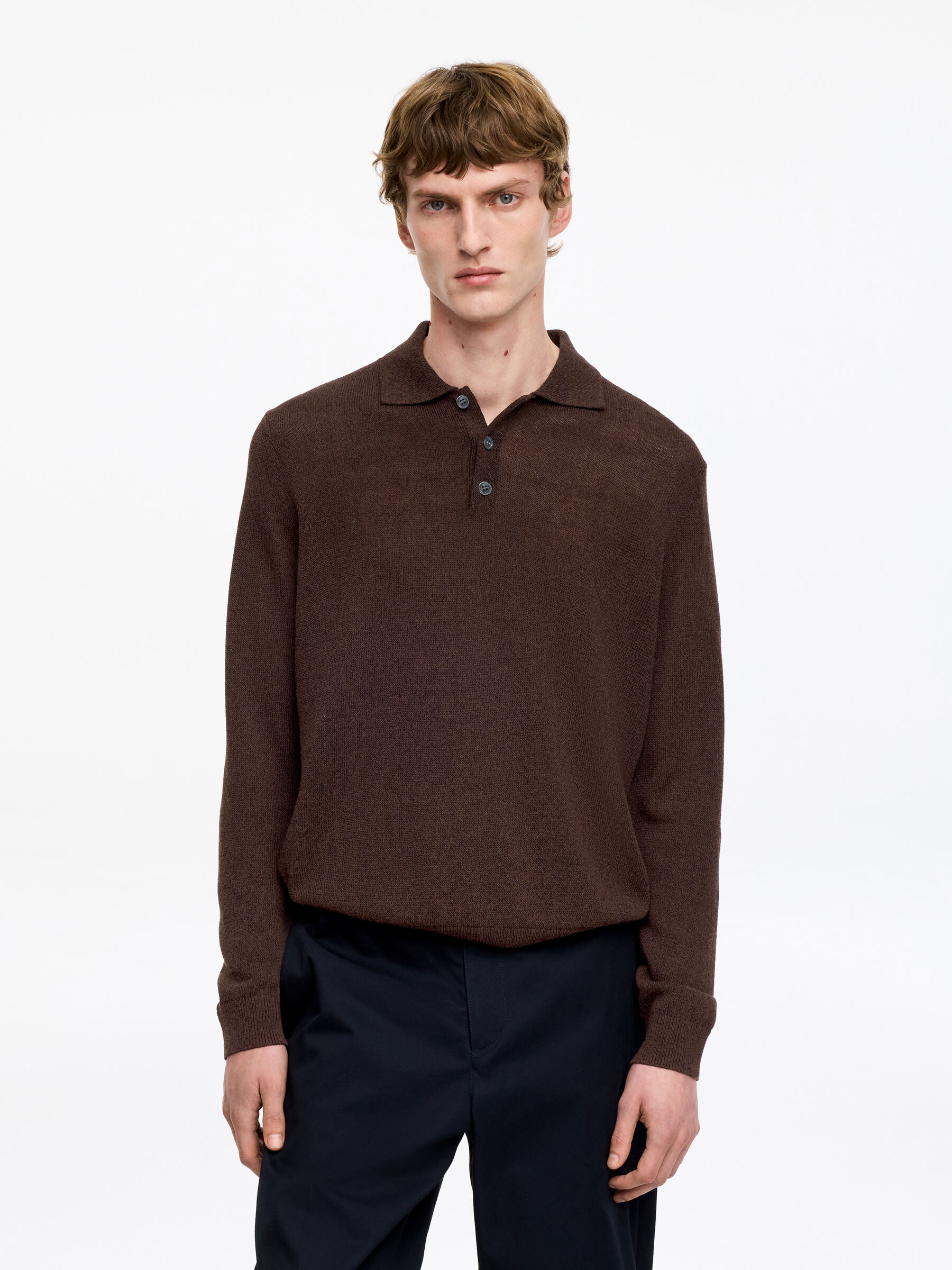 Linen Blend Polo Shirt - Brown Melange - Regular fit - Men - StillMedia/Lookbook - 4