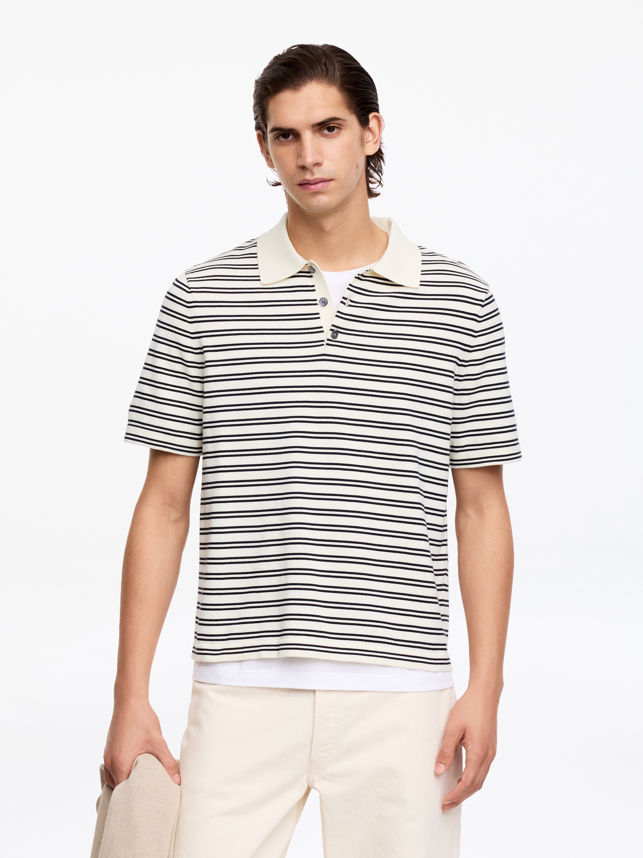 Finstickad polo shirt-#EEEDE1-19280