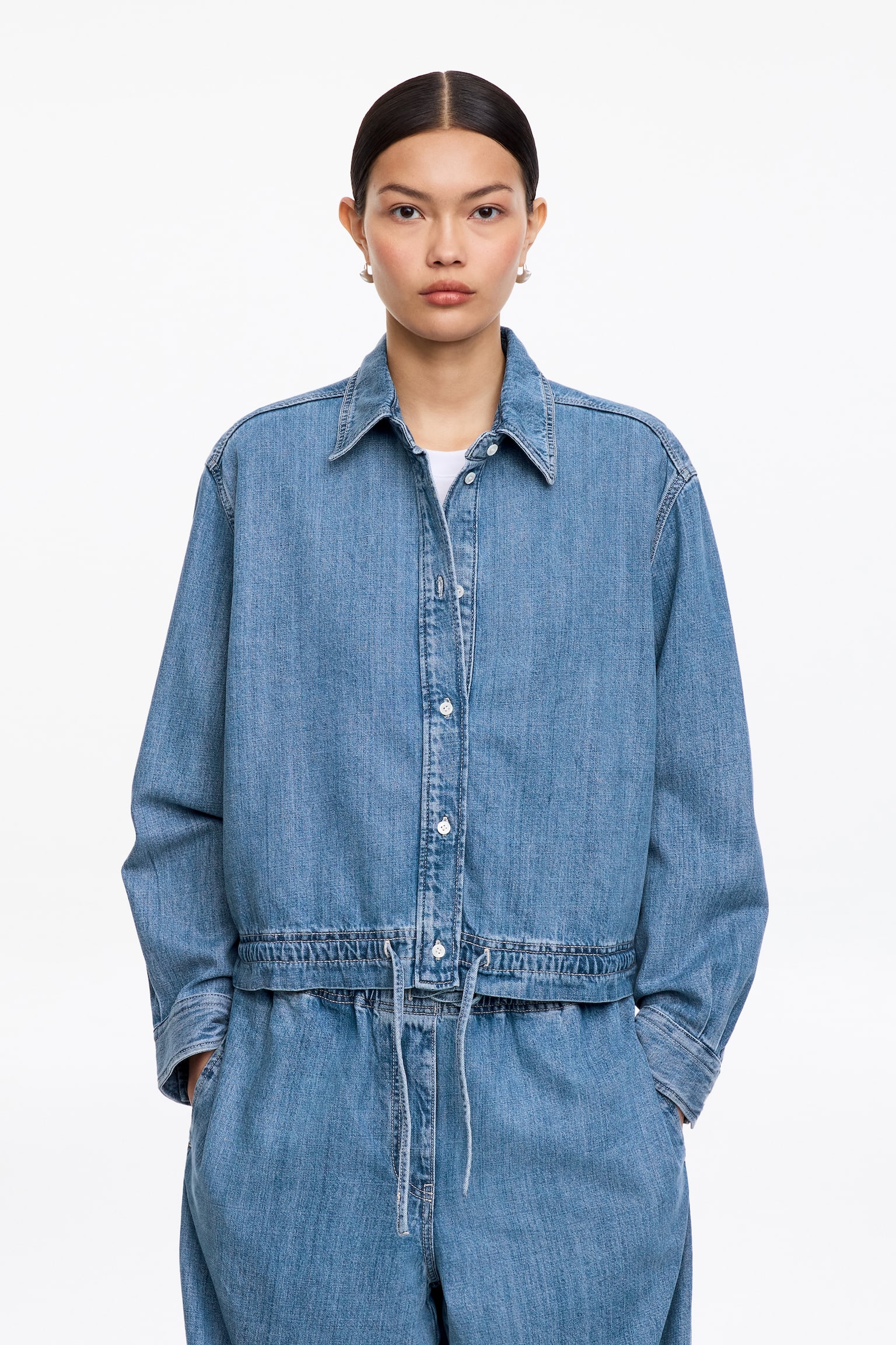 Denimskjorta med dragsko - Tvättad blå - 1