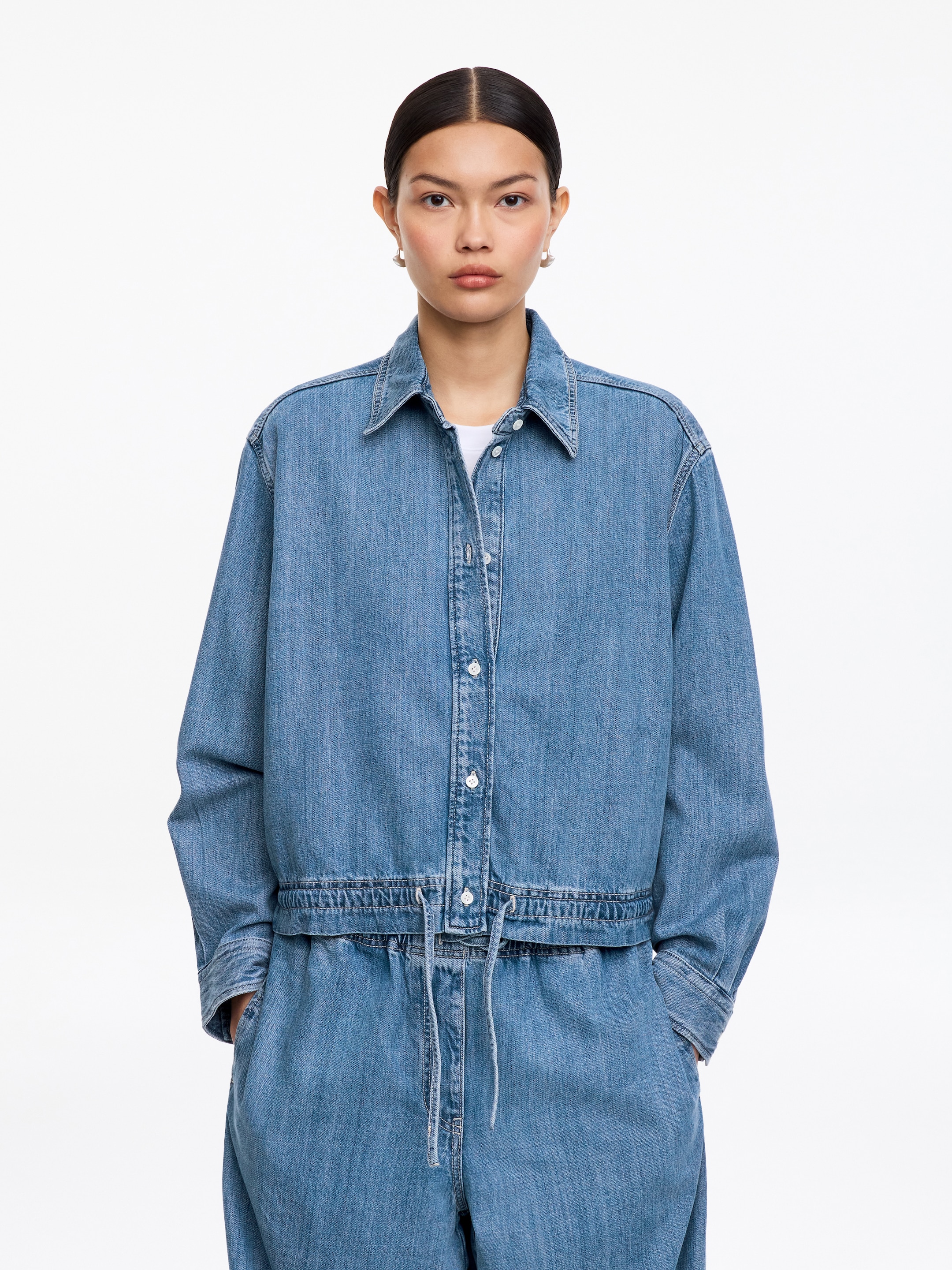 Drawstring Denim Blouse-#80AAD8-18579
