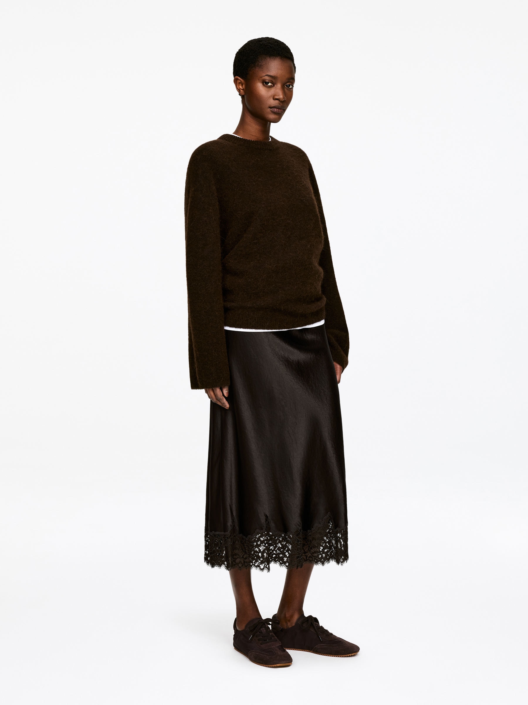 Jupe en satin avec finition en dentelle - Marron foncé - Regular fit - Femme - StillMedia/Lookbook - 9