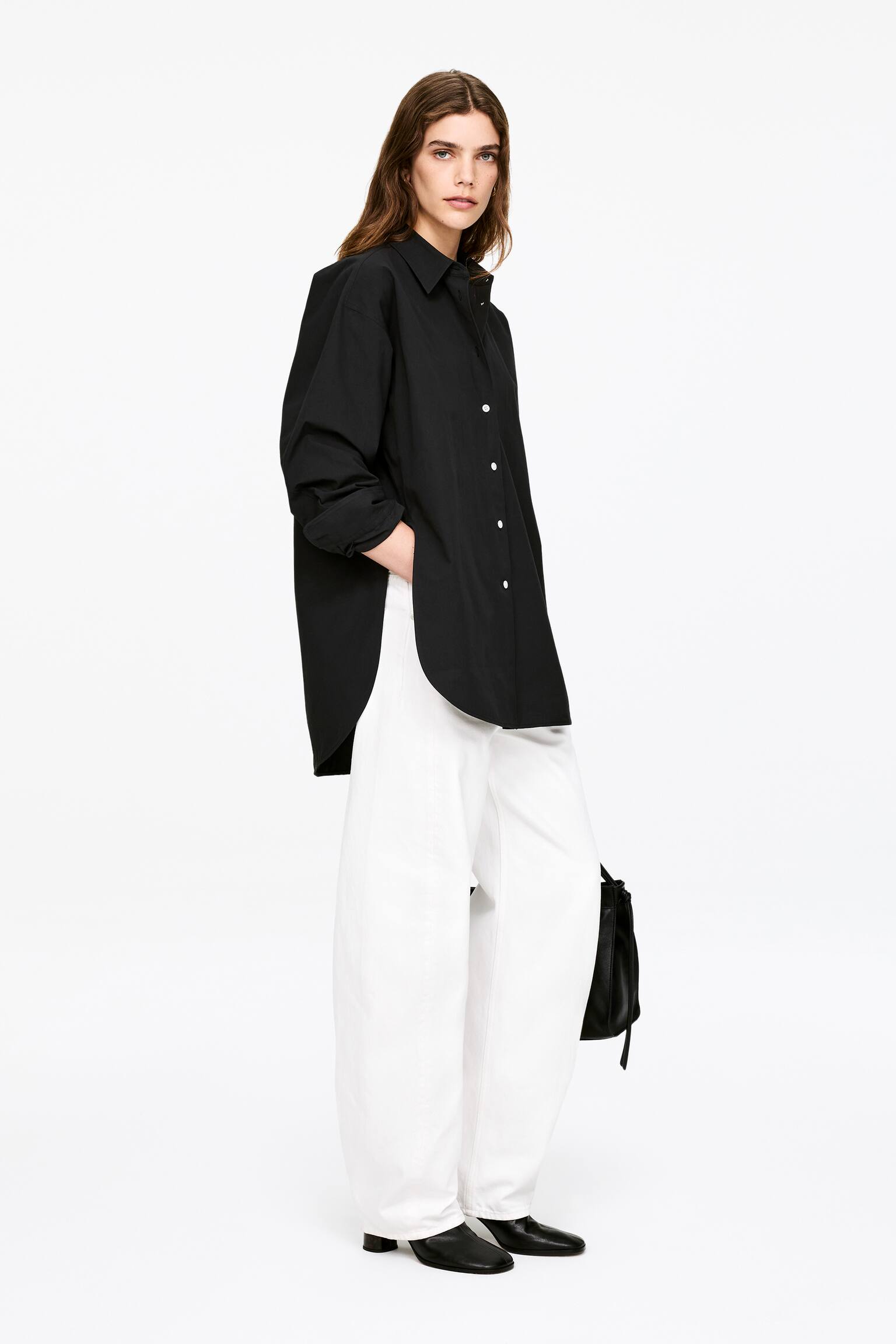 Cămașă cu deschidere curbată - Negru - 3