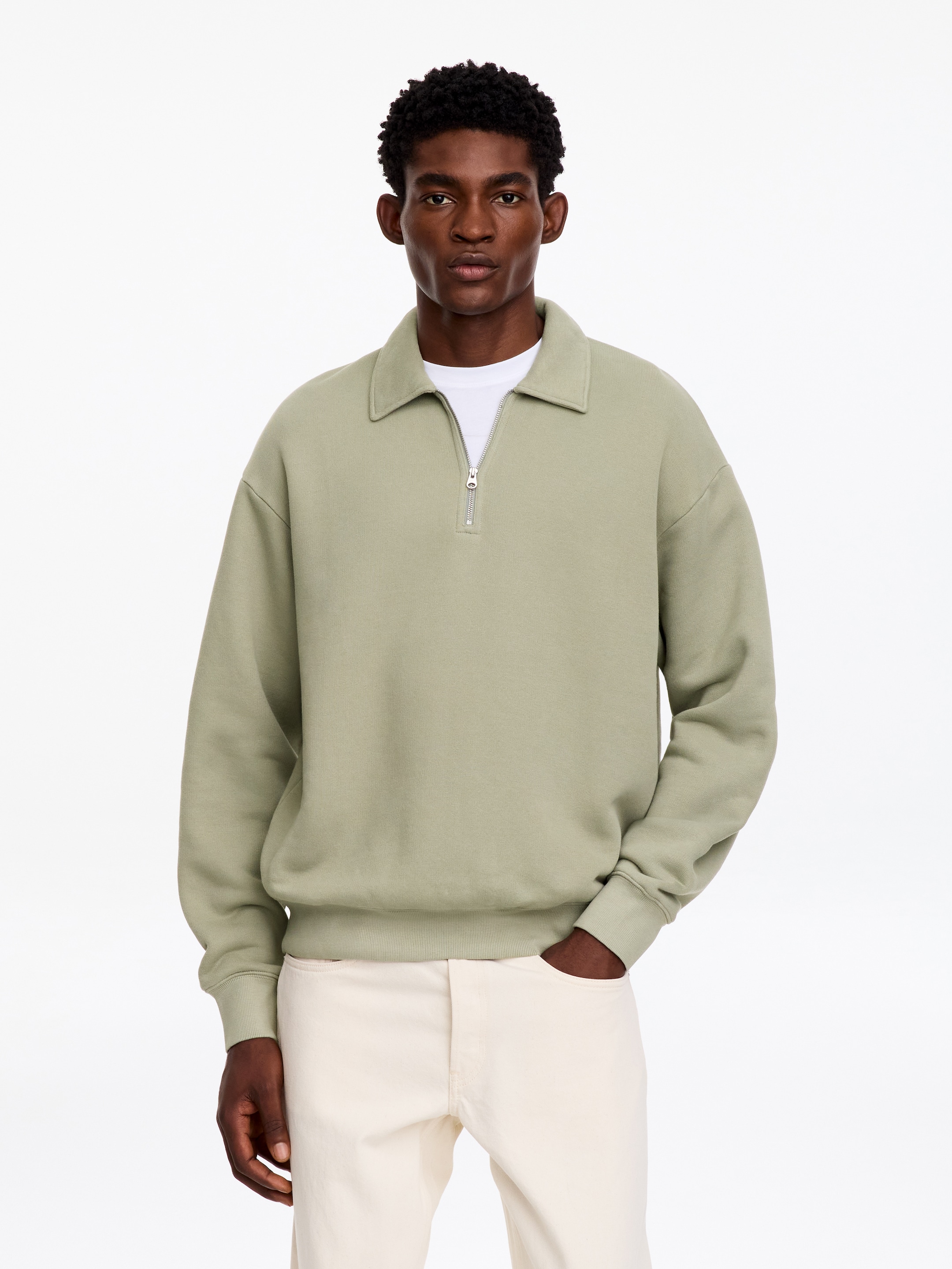 Half Zip Cotton Sweatshirt-Green-20775