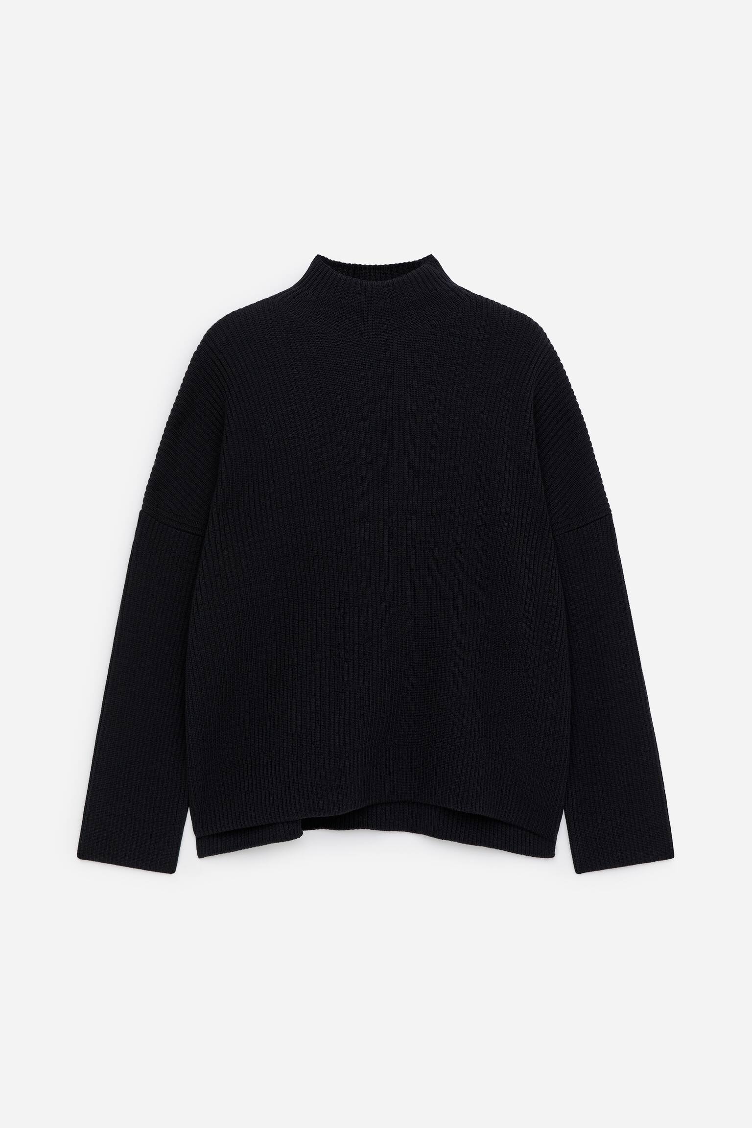 Trui van wol en katoen met trechterhals - Donkerblauw - 2