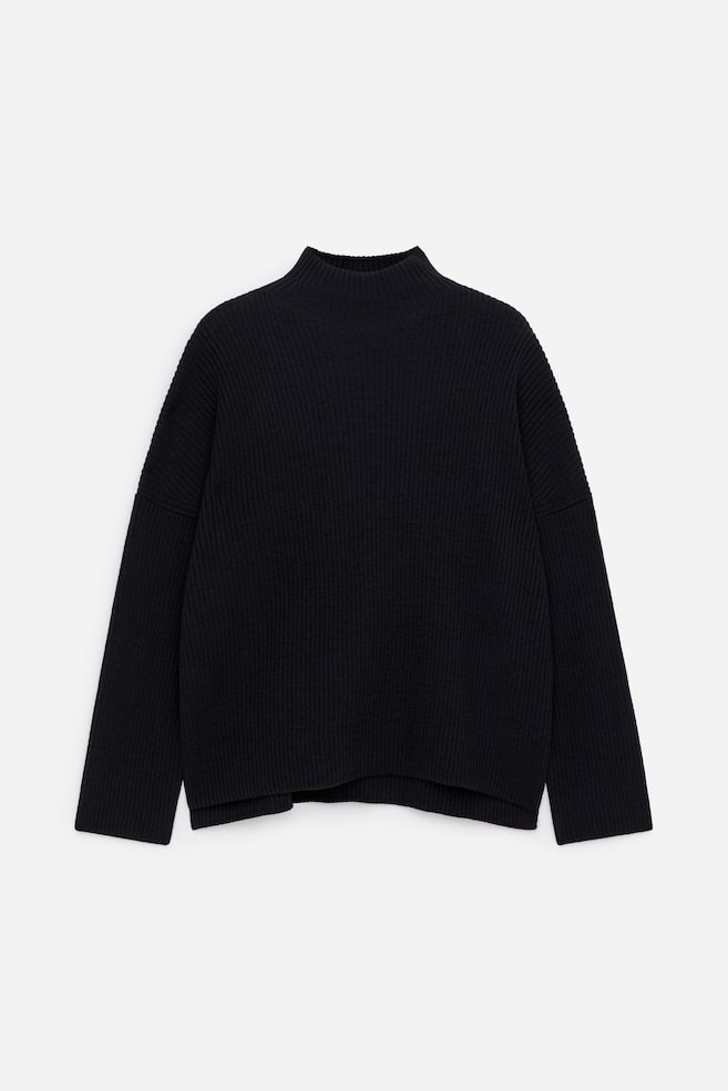 Wool Cotton Funnel-Neck Jumper - Dark Blue - 1