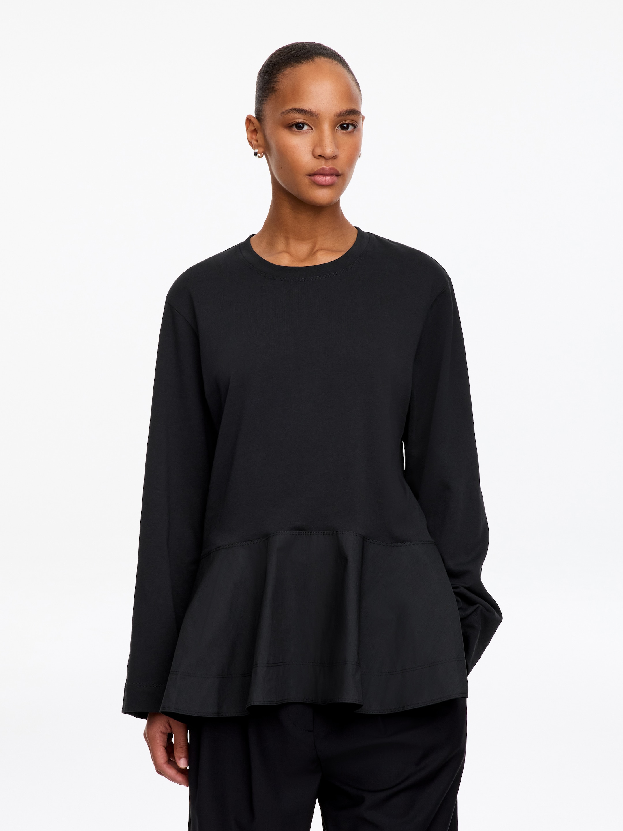 Long-sleeved peplum top-Black-21028