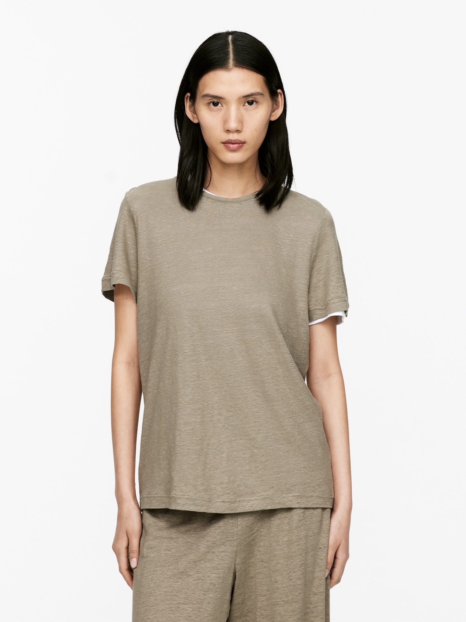 T-shirt en jersey de lin - Vert kaki/Mauve