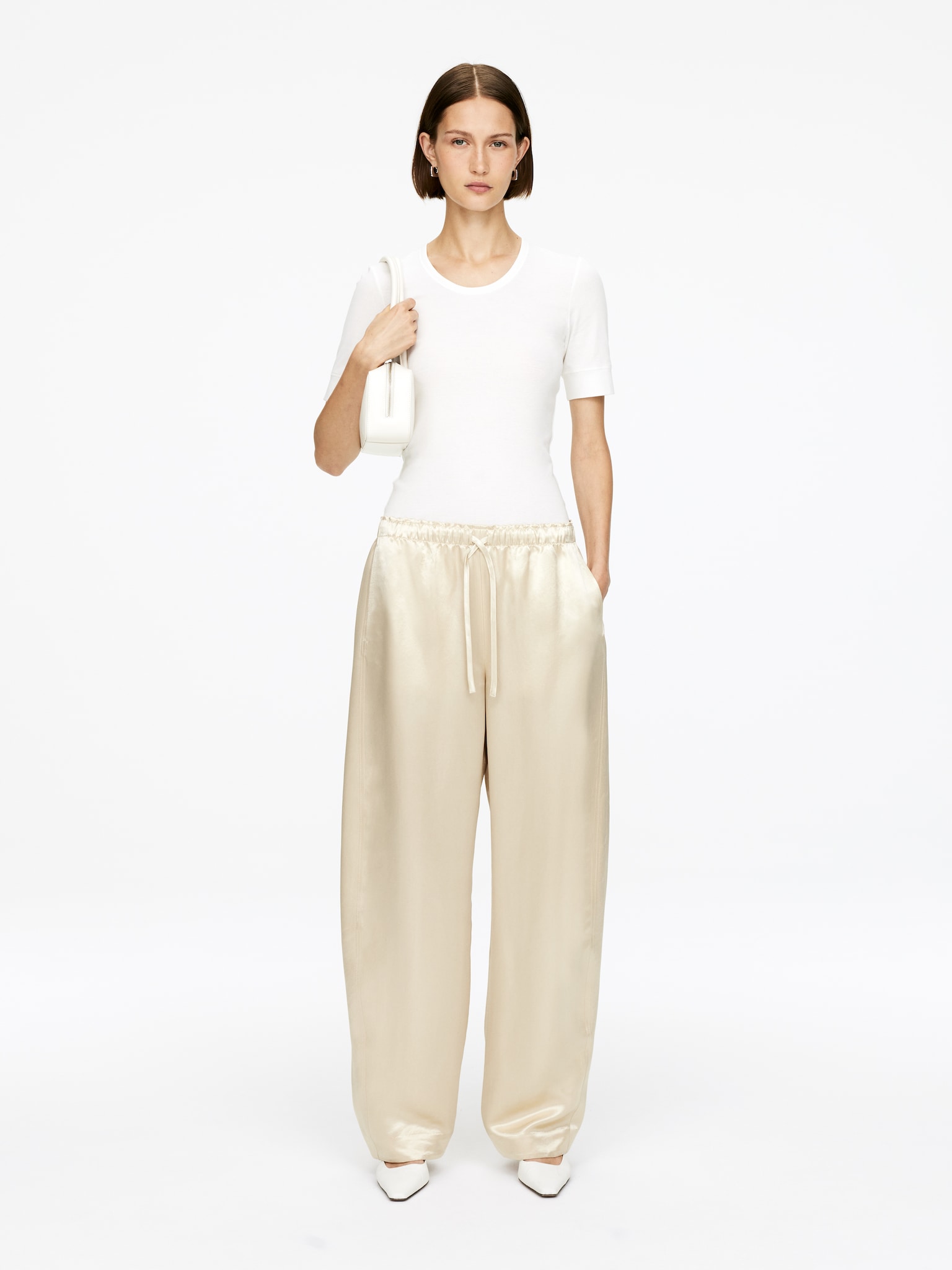 Drawstring Satin Trousers - Light Beige