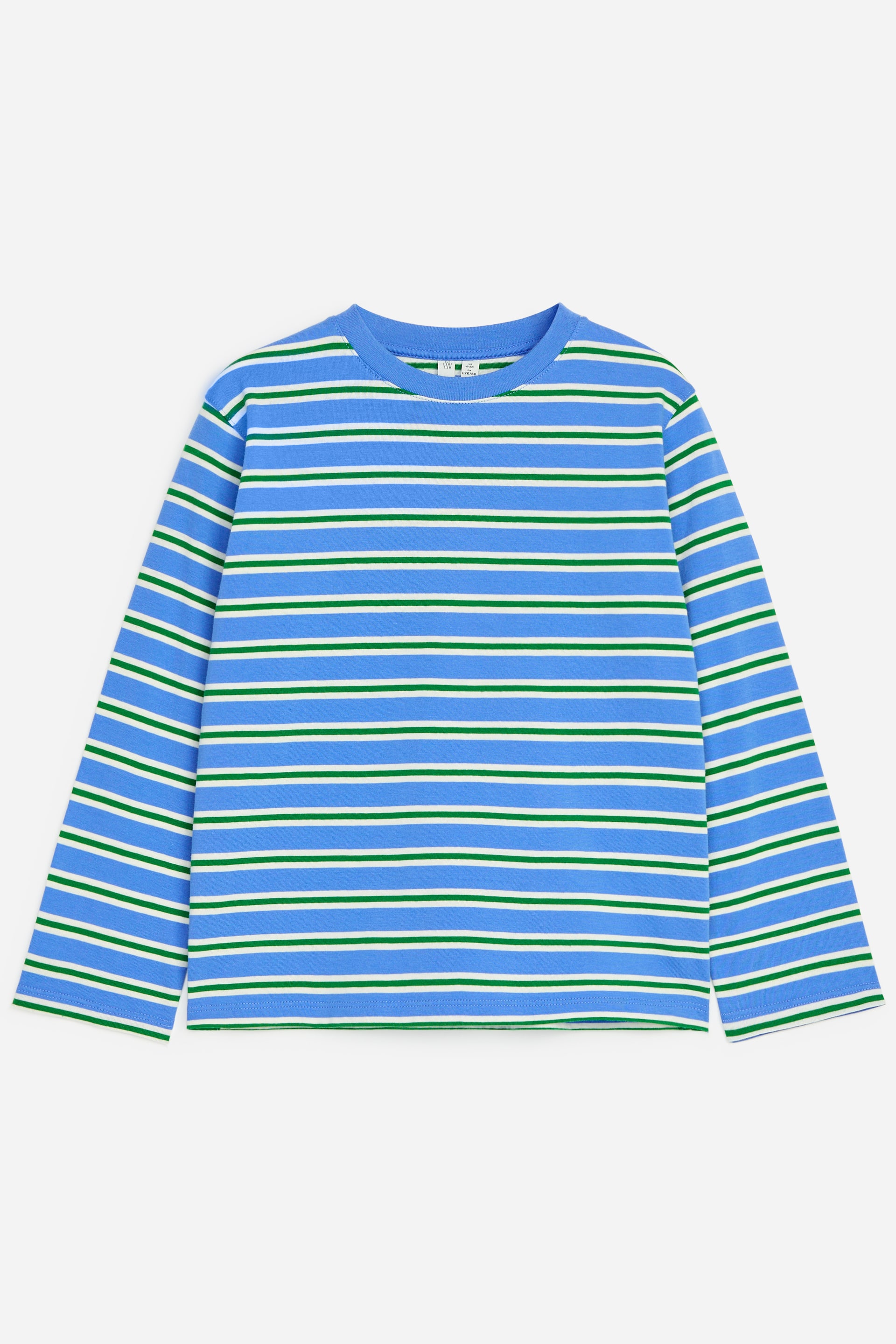 Größeres Bild ansehen: Ein Langarm-T-Shirt präsentiert blaues Gewebe mit horizontalen weißen und grünen Streifen, die nach vorne zeigen. Es verfügt über einen gerippten Rundhalsausschnitt und lange Ärmel.