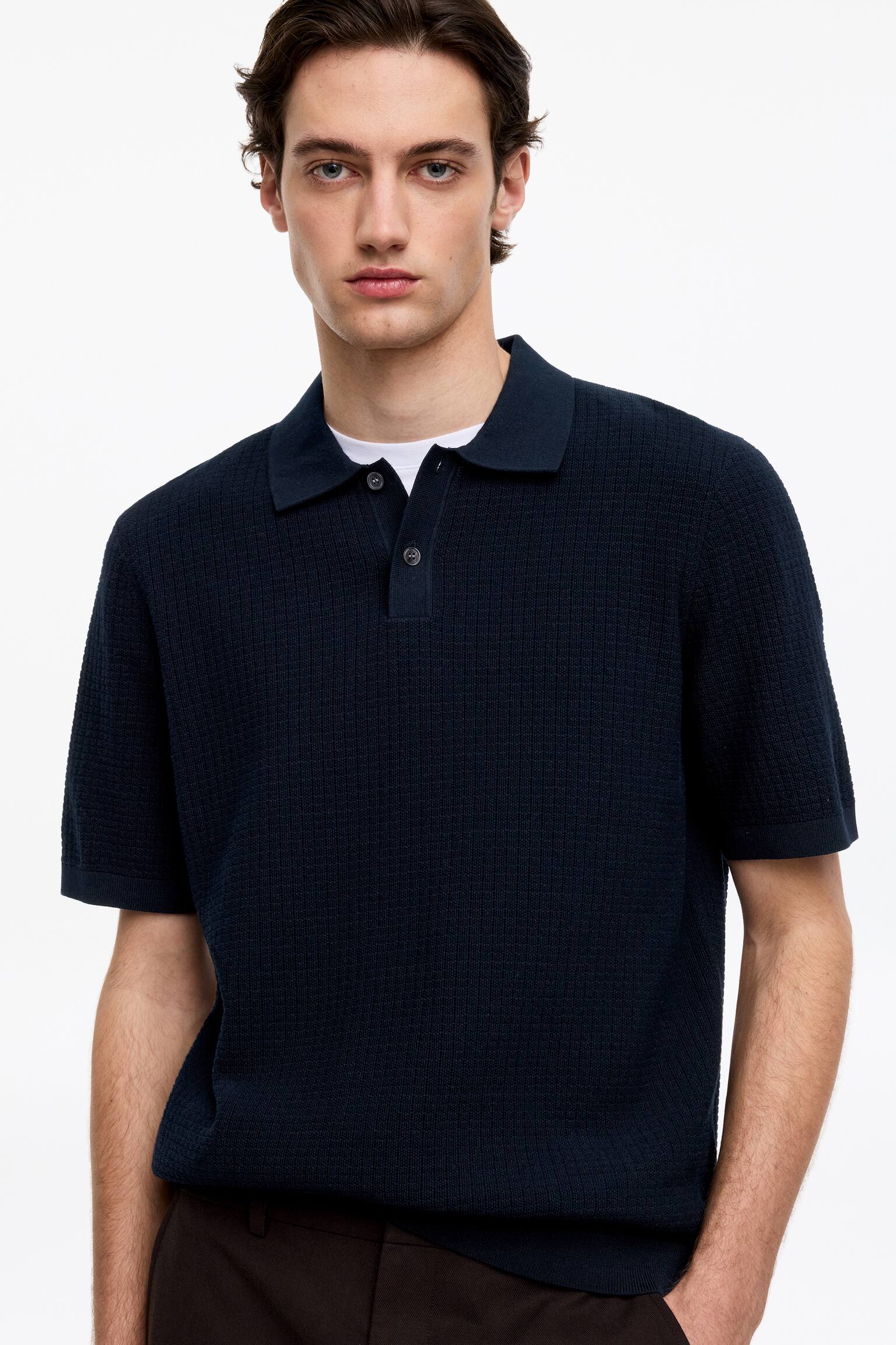 Strikket poloshirt i bomuld-Mørkeblå - 6