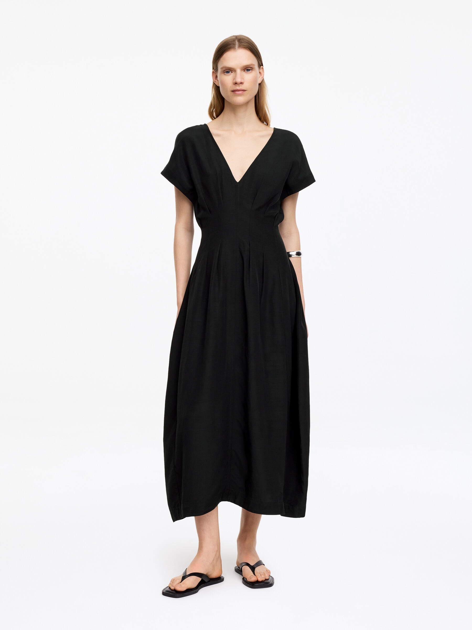 Pleated Waist V-Neck Dress-#272627-18863