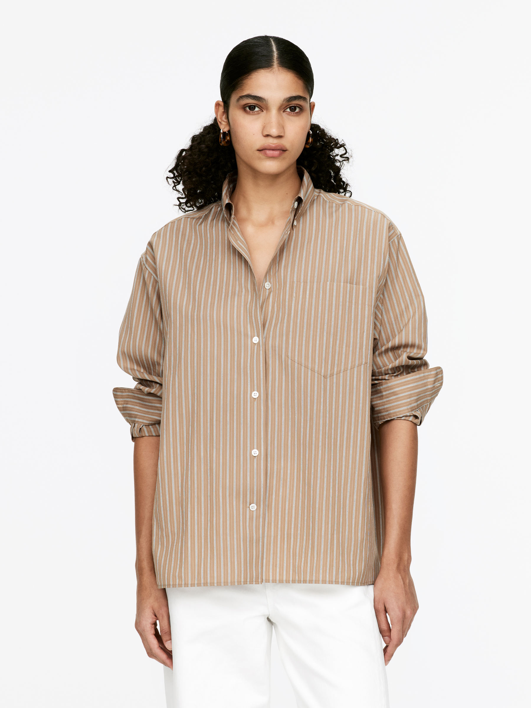Chemise en coton et soie - Beige/Rayures - Oversized - Femme - StillMedia/Lookbook - 4