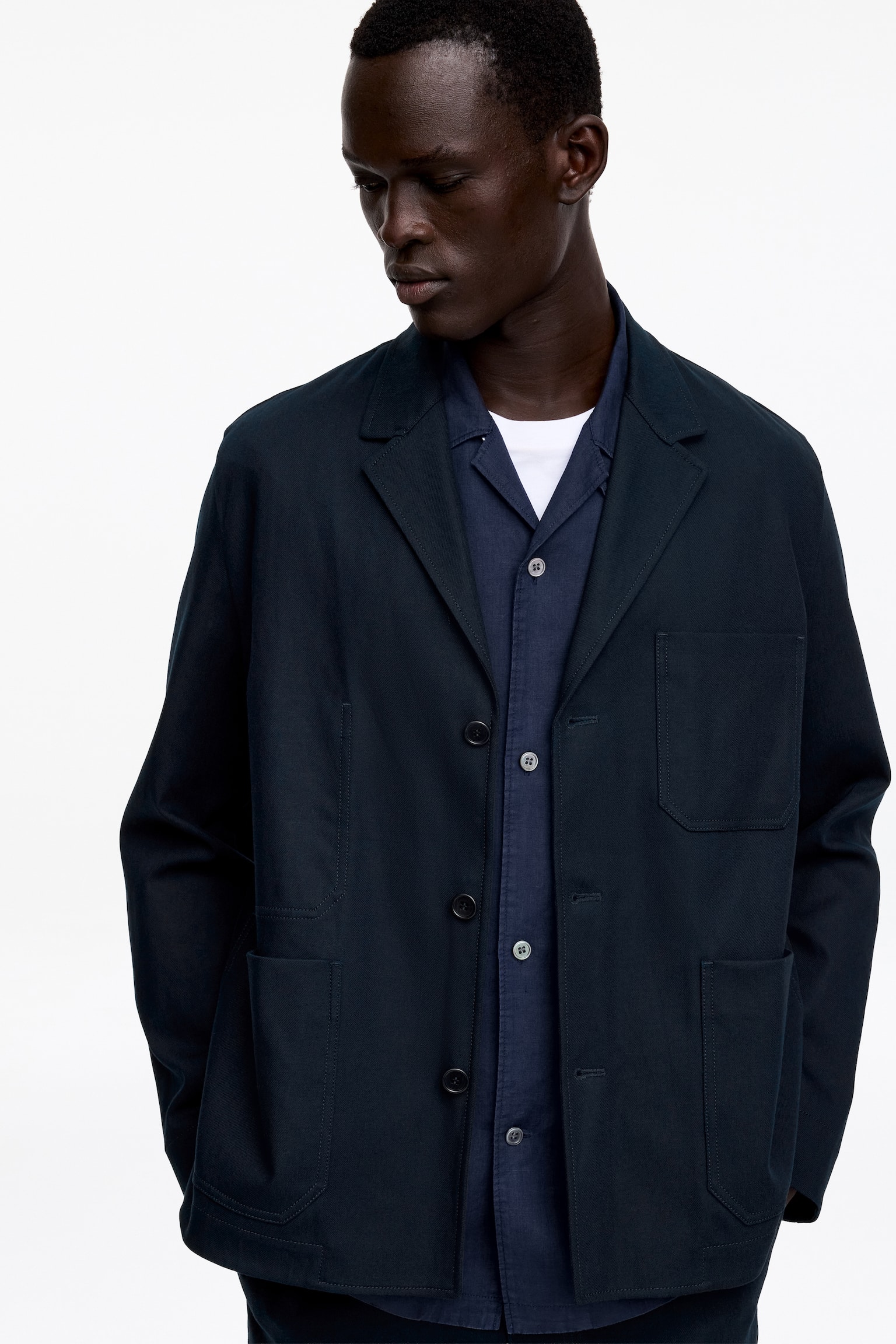 Ruimvallende blazer van katoen en linnen - Donkerblauw/Beige - 3