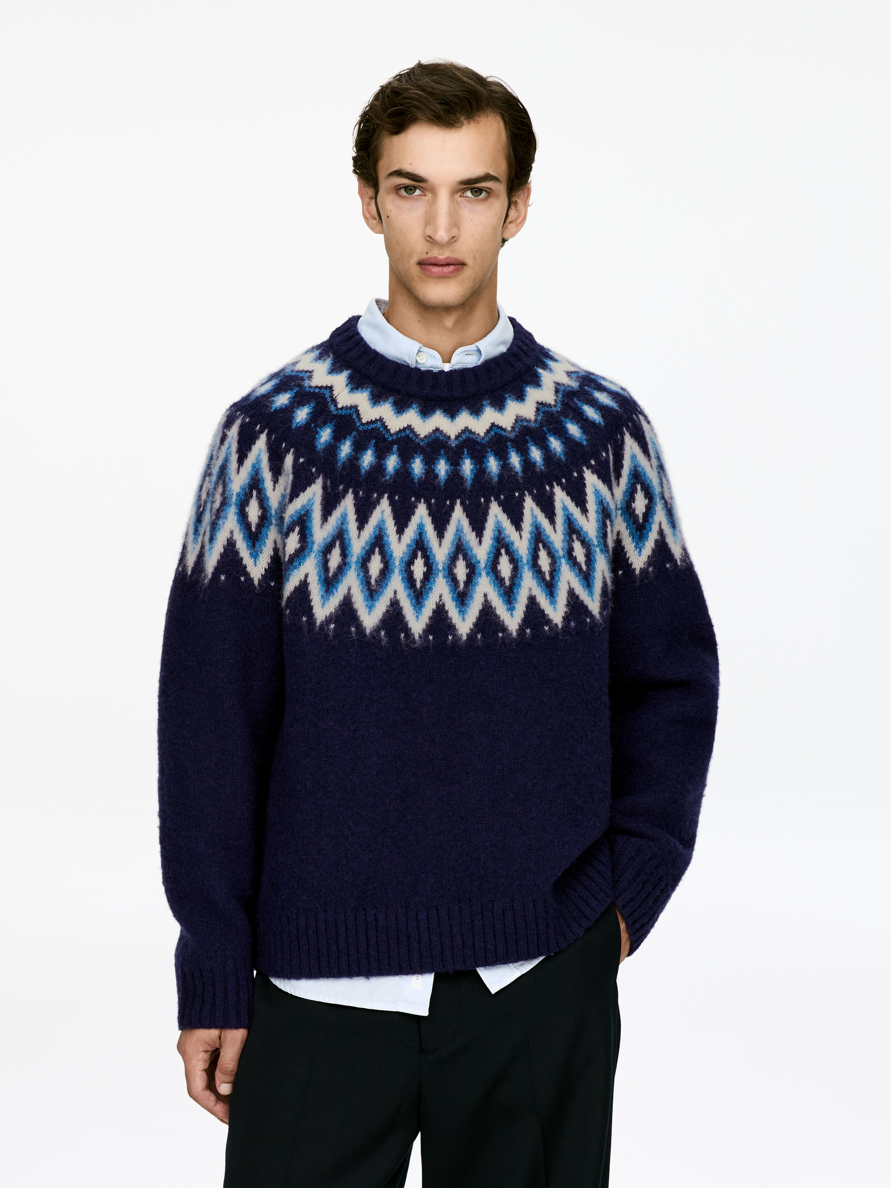 Fair Isle Wool Jumper - Blue/White - Loose fit - Men - StillMedia/Lookbook - 3