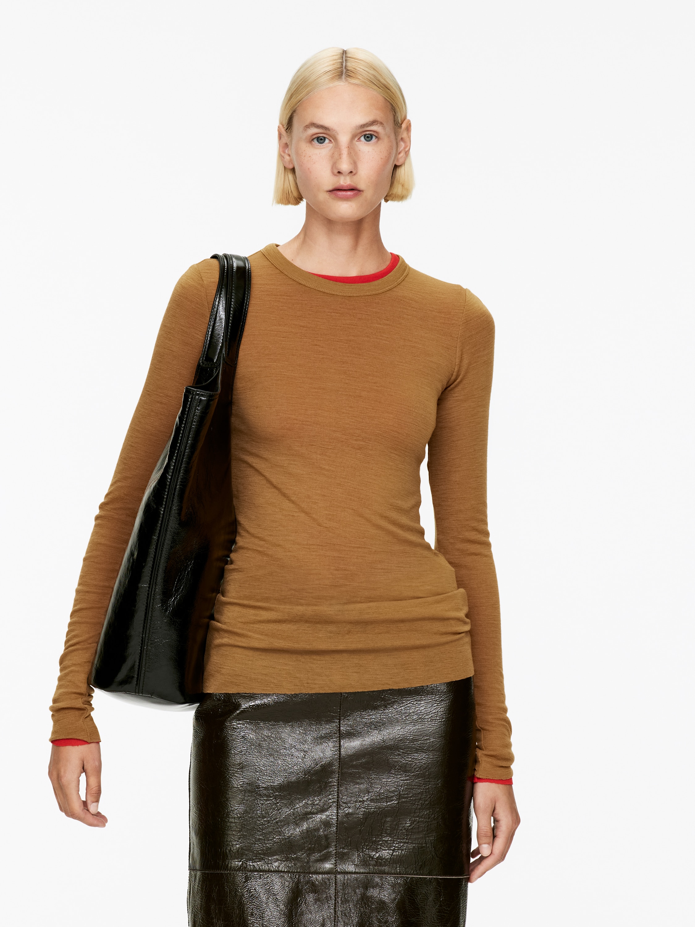 Merino top s dlouhým rukávem - Tmavá hořčicová/Black/Tmavě šedý melír/Dark Brown