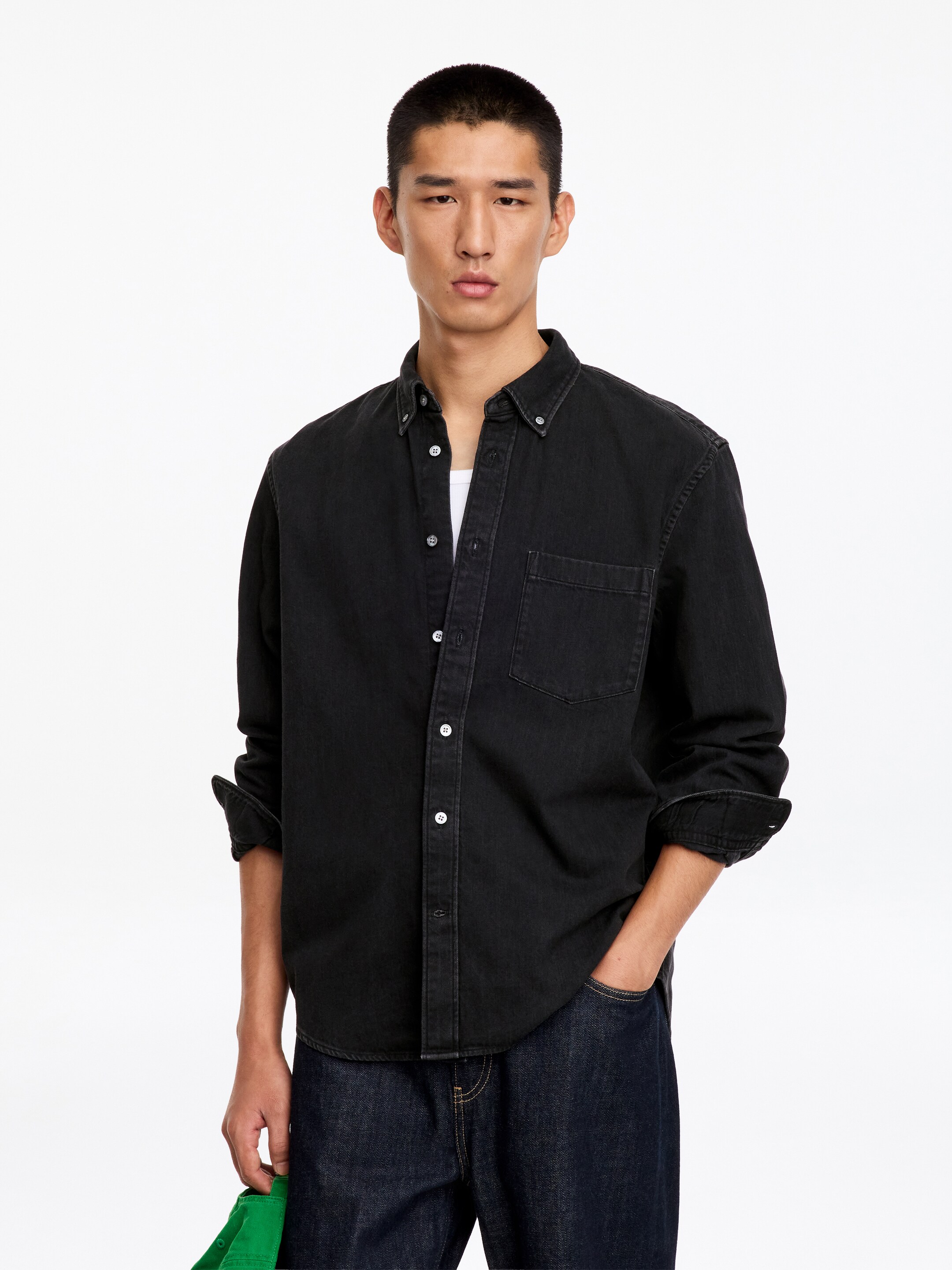 Camicia in denim dalla vestibilità regolare-Black-20357