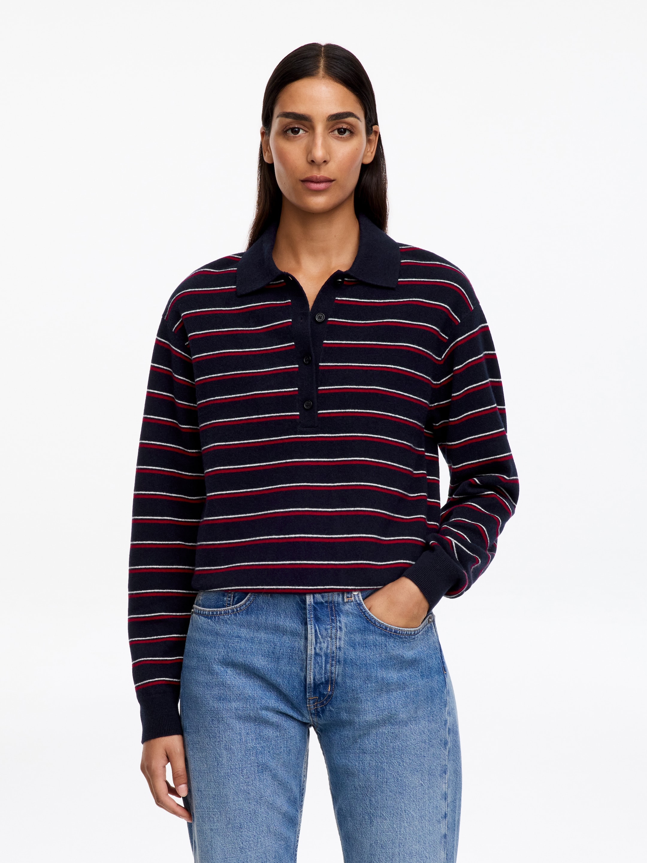 Jersey tipo polo de lana merino suave-Blue-20210
