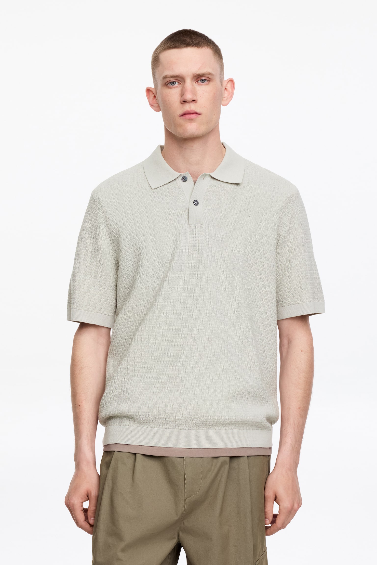 Koszulka polo z bawełnianej dzianiny-Przydymiony zielony - 1