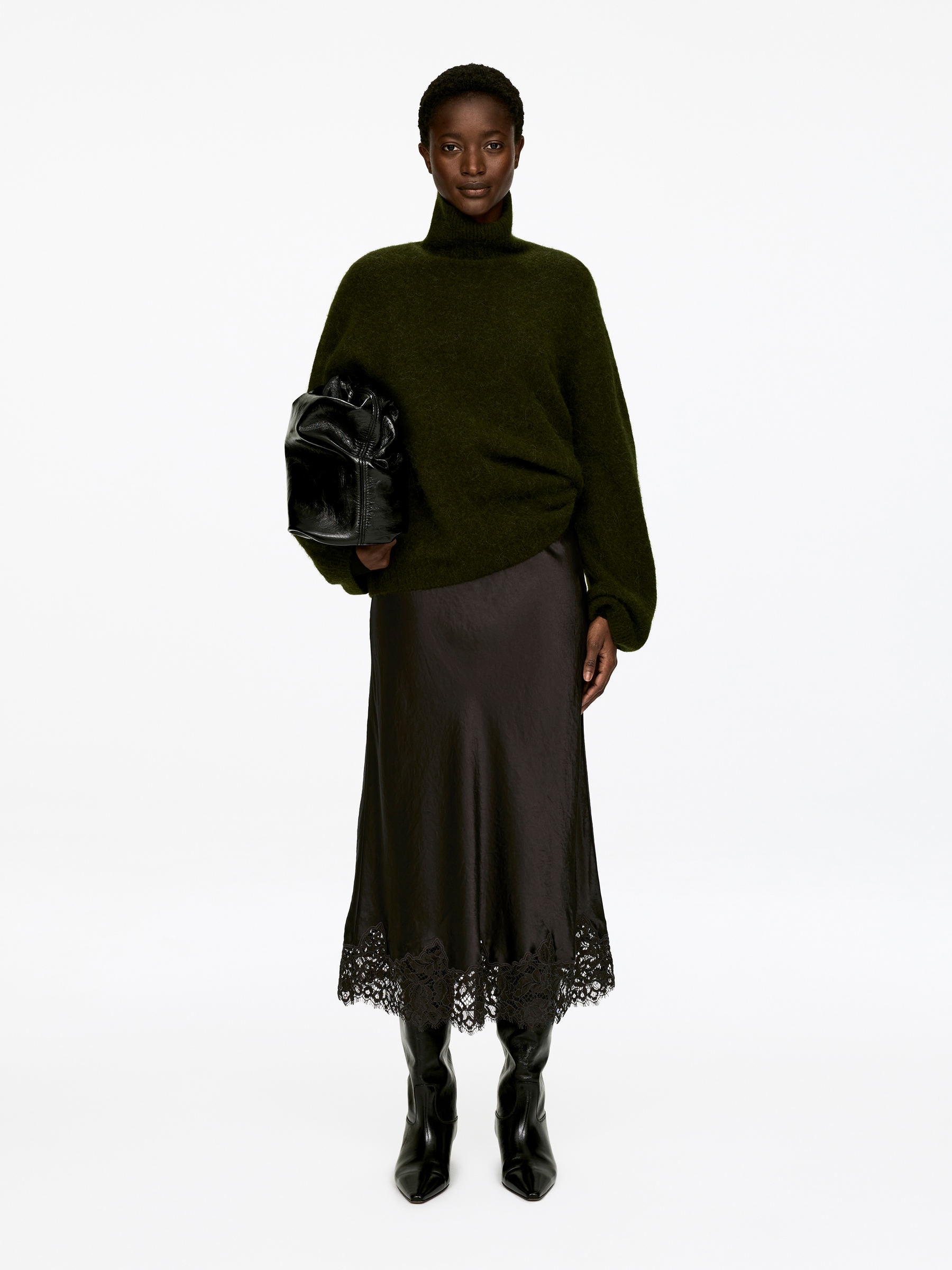 Lace-Detail Satin Skirt-#3F3838-17231