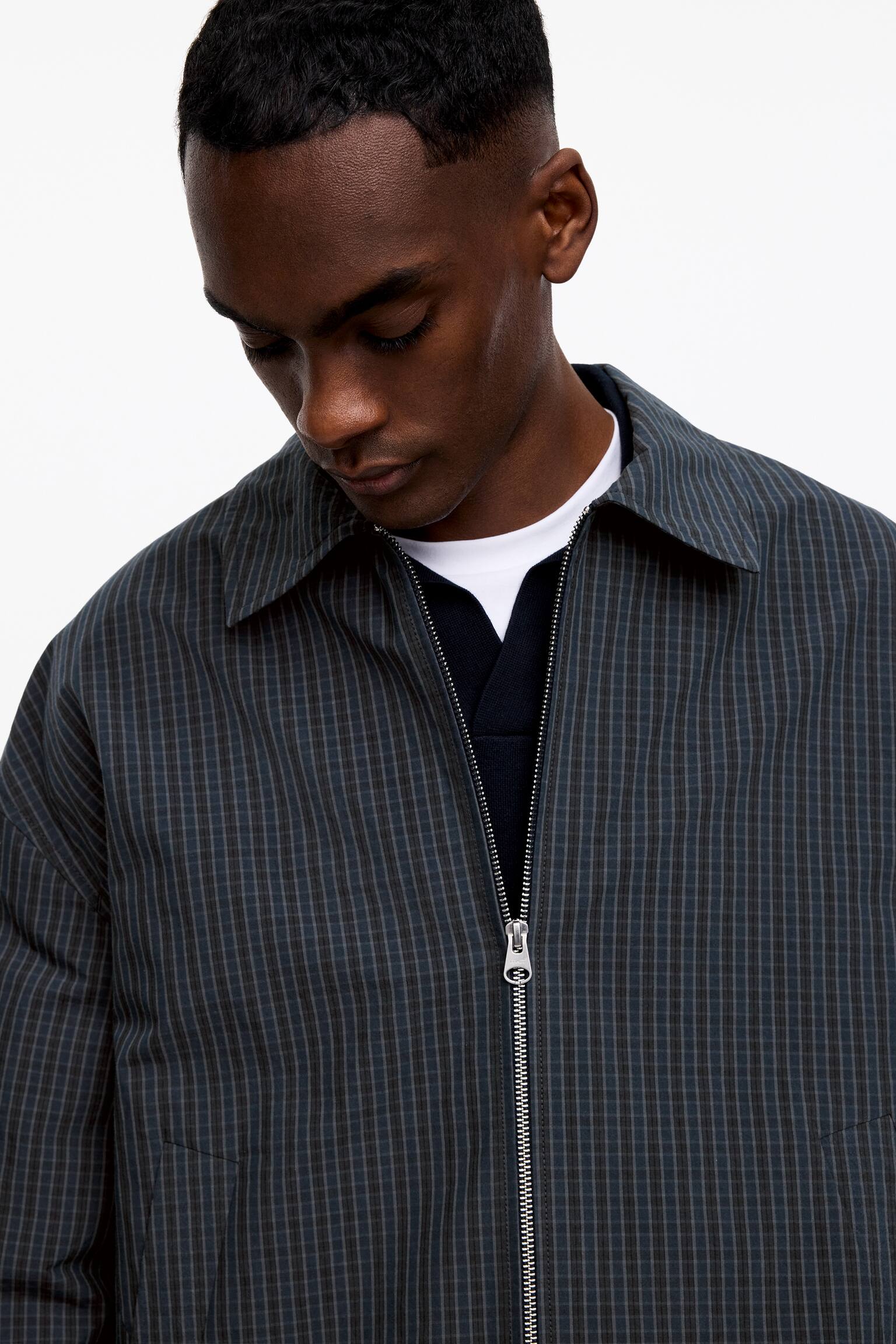 Giacca con cerniera in misto cotone - Blu scuro/Motivo a quadri - 6