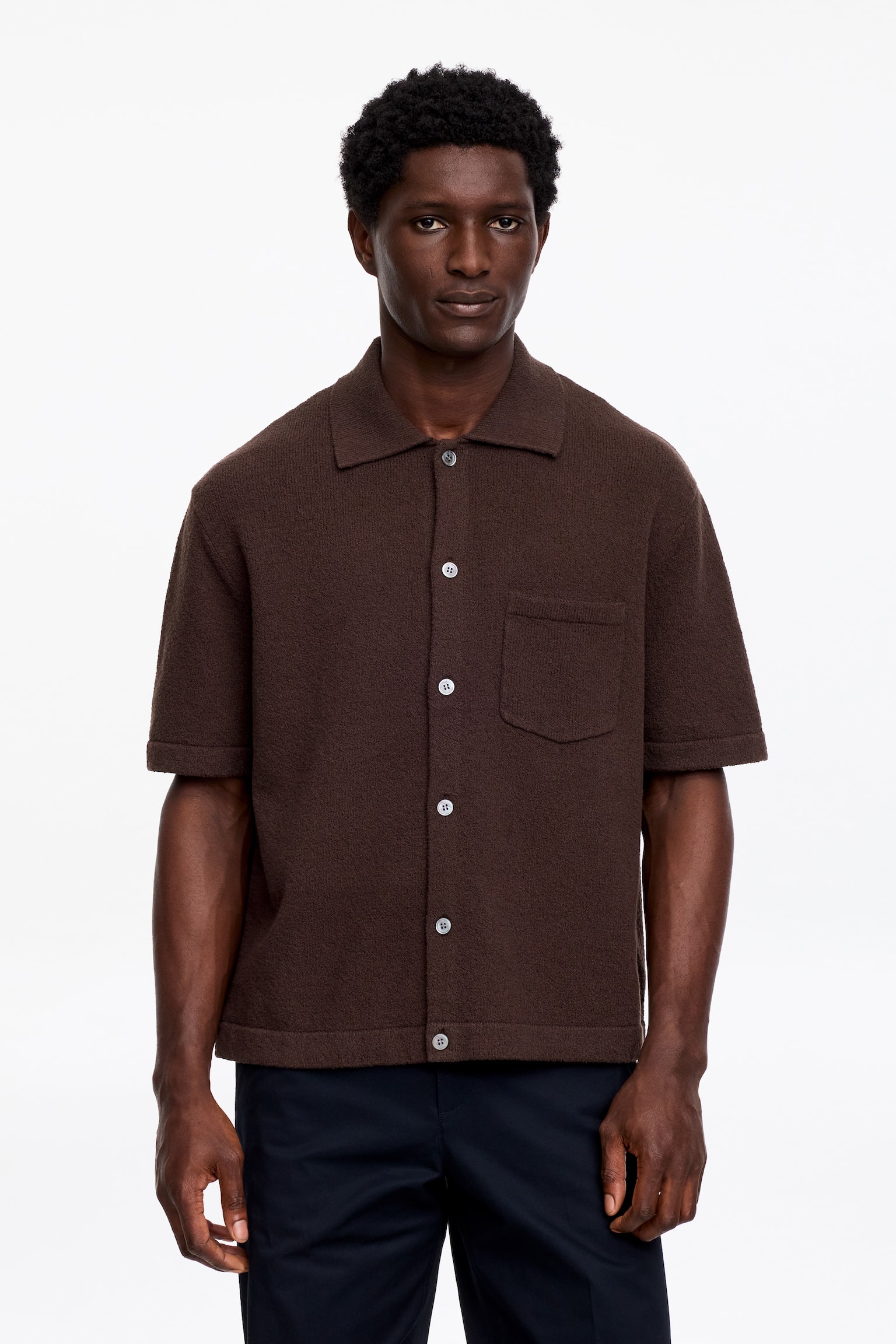 Bouclé Polo Shirt-Brown - 1