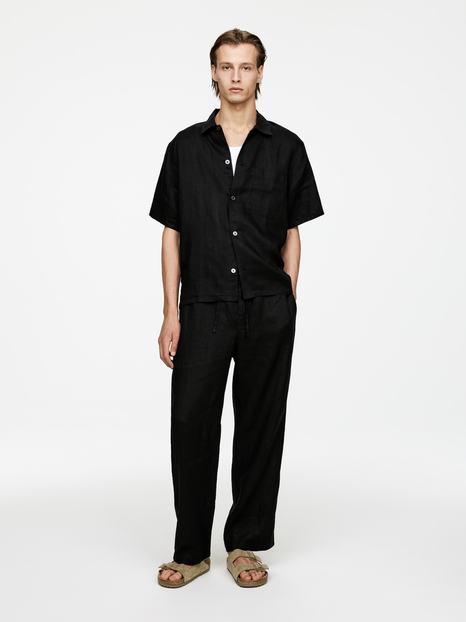 Relaxed Linen Trousers - Black/Beige