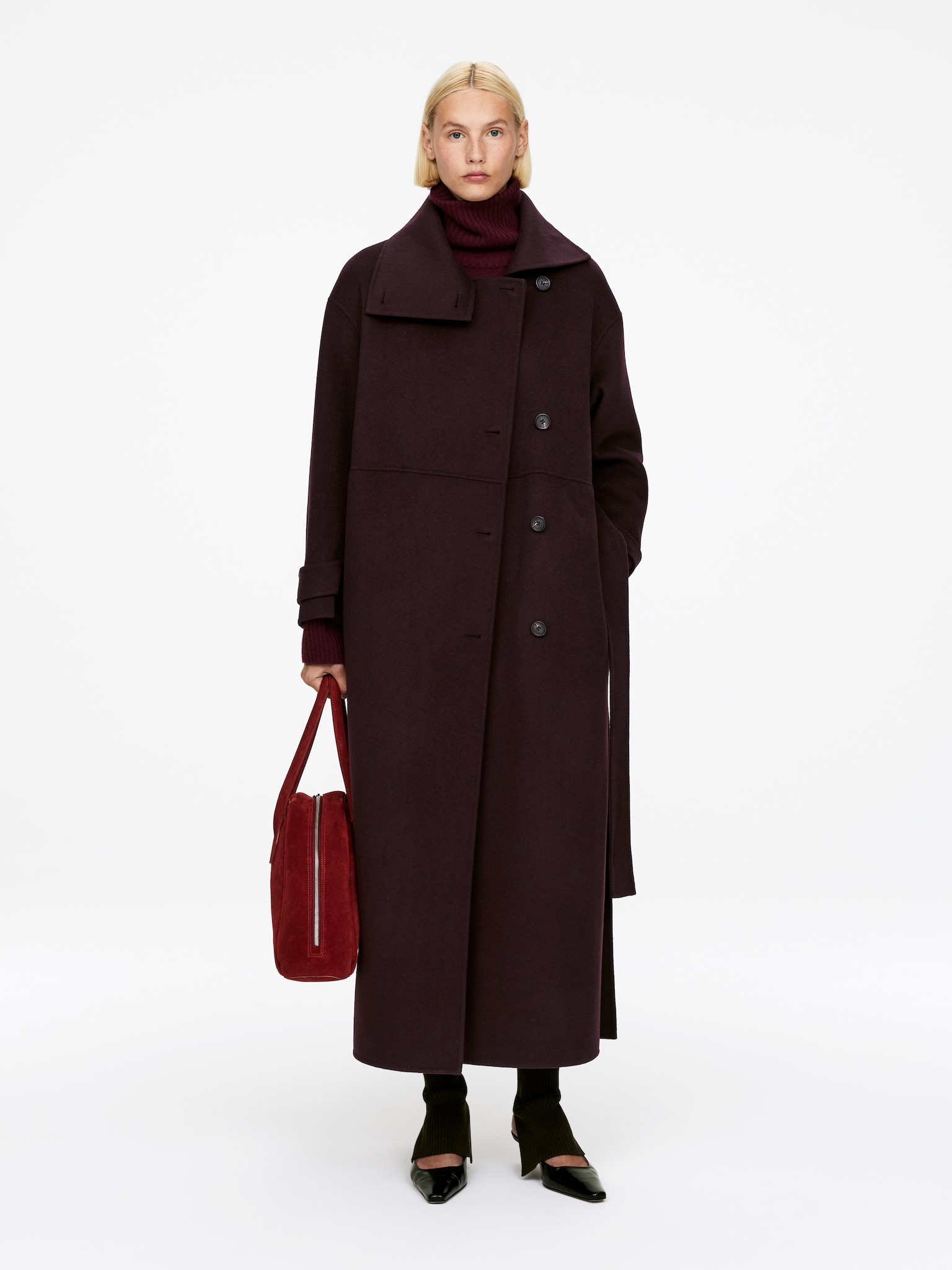 Manteau à col cheminée en laine mélangée - Bordeaux - 5