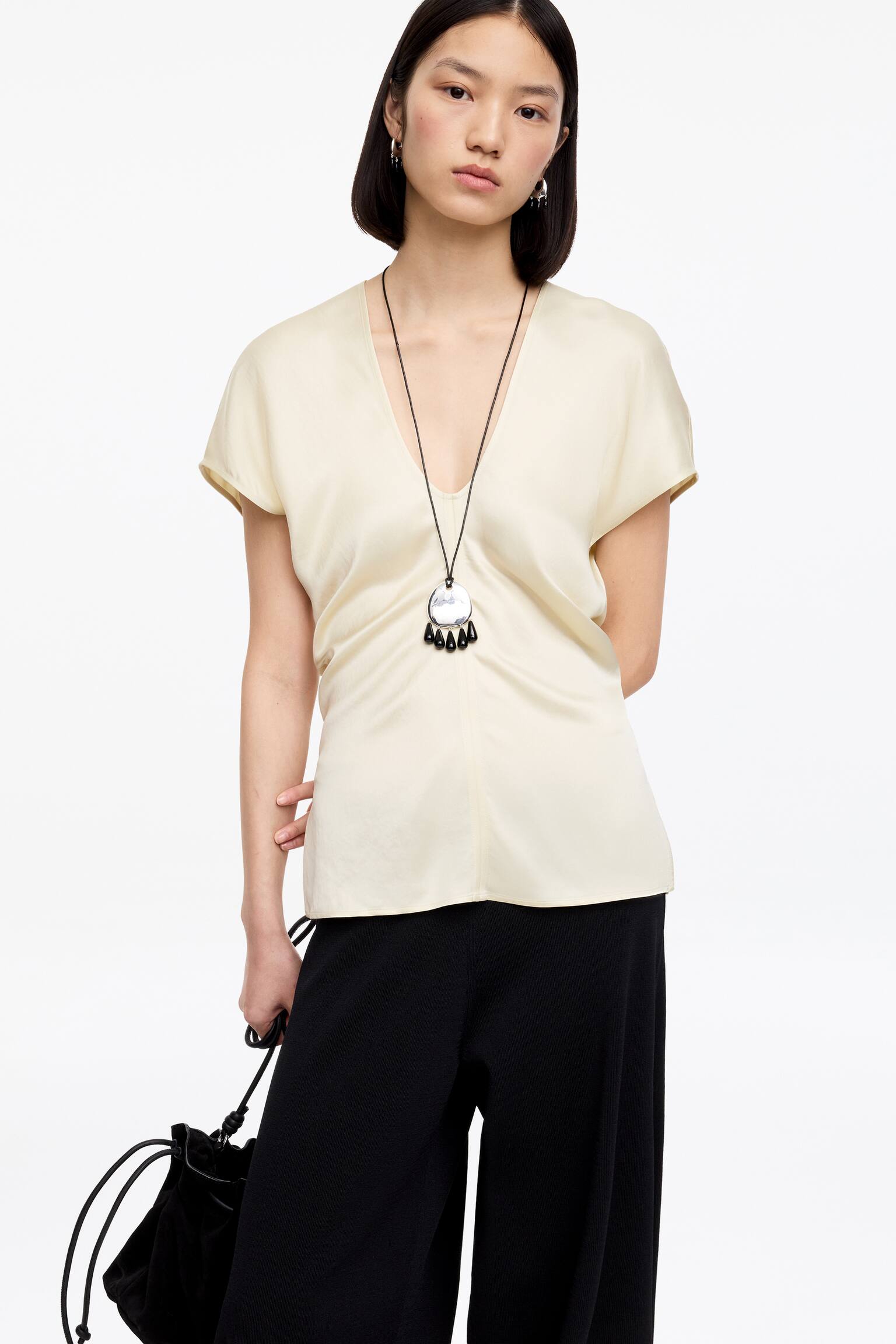 Drapeerattu satiinipaita - Vaalea beige - 3