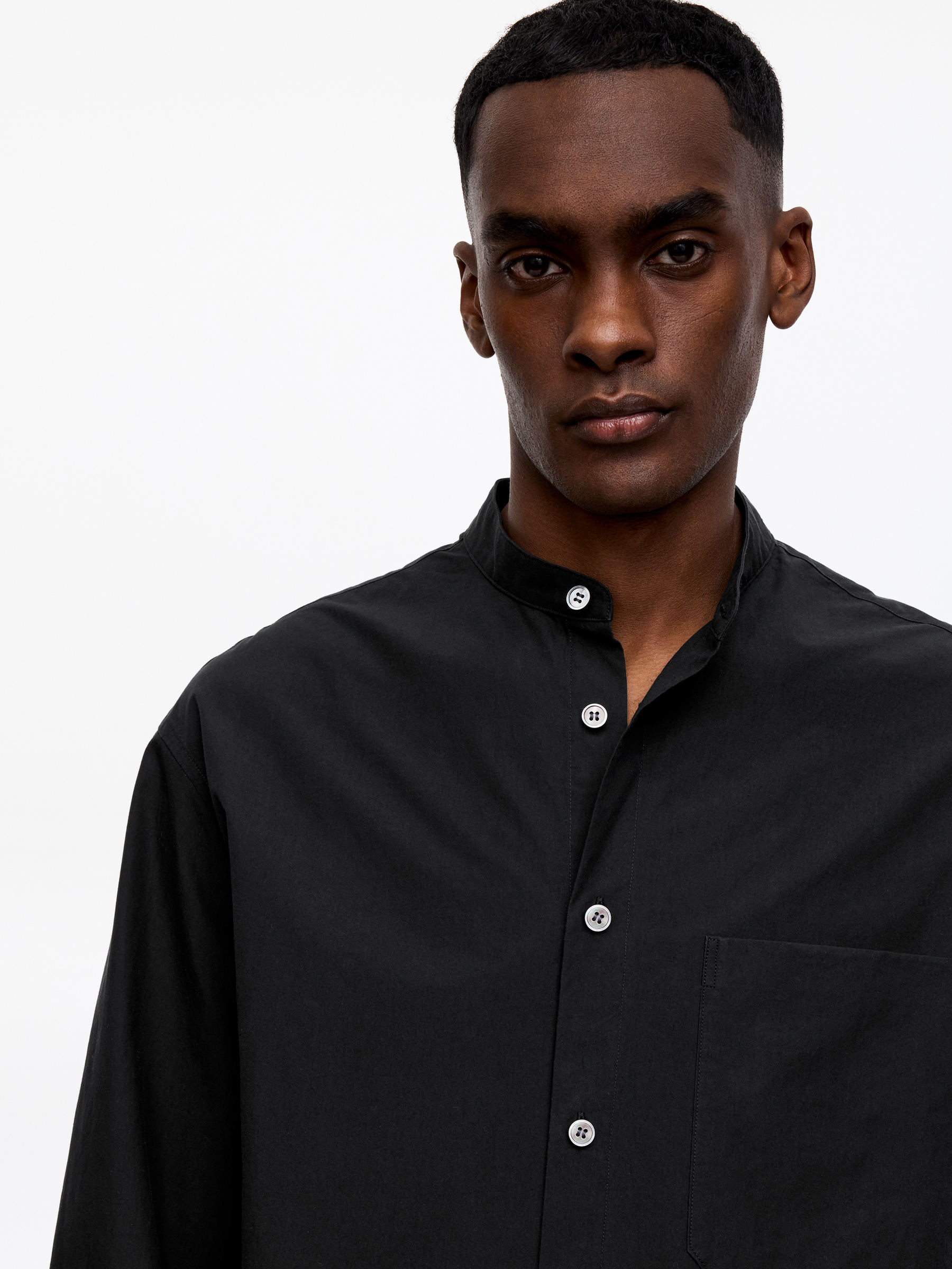 Band-Collar Poplin Shirt - Black - Relaxed fit - Men - StillMedia/Lookbook - 3