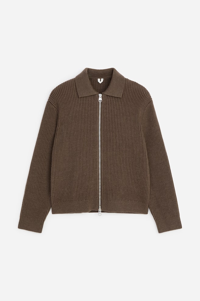 Cardigan zippé en laine et coton - Taupe/Bleu foncé/Vert foncé - 1