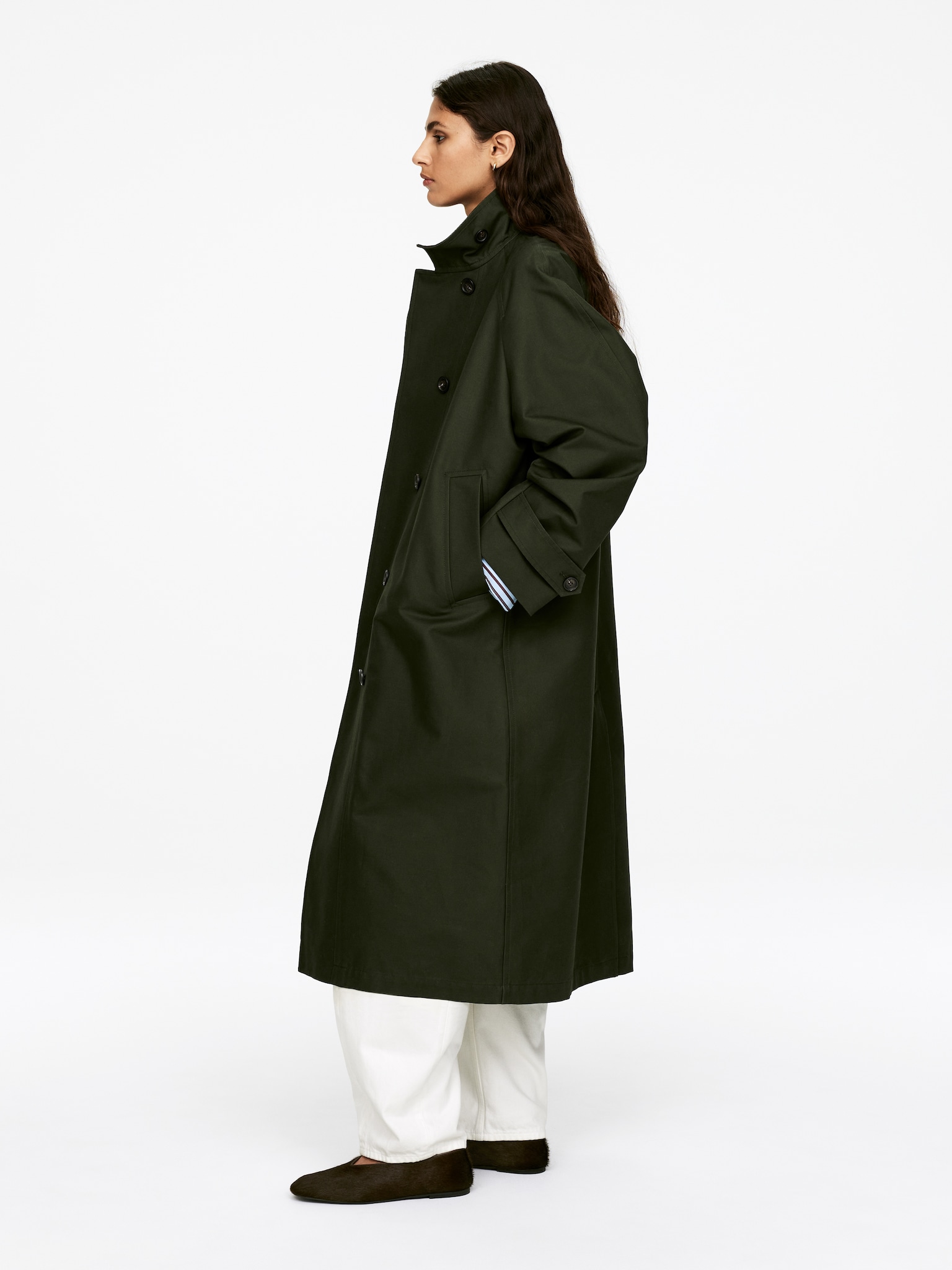 Manteau long en coton - Vert foncé - 3