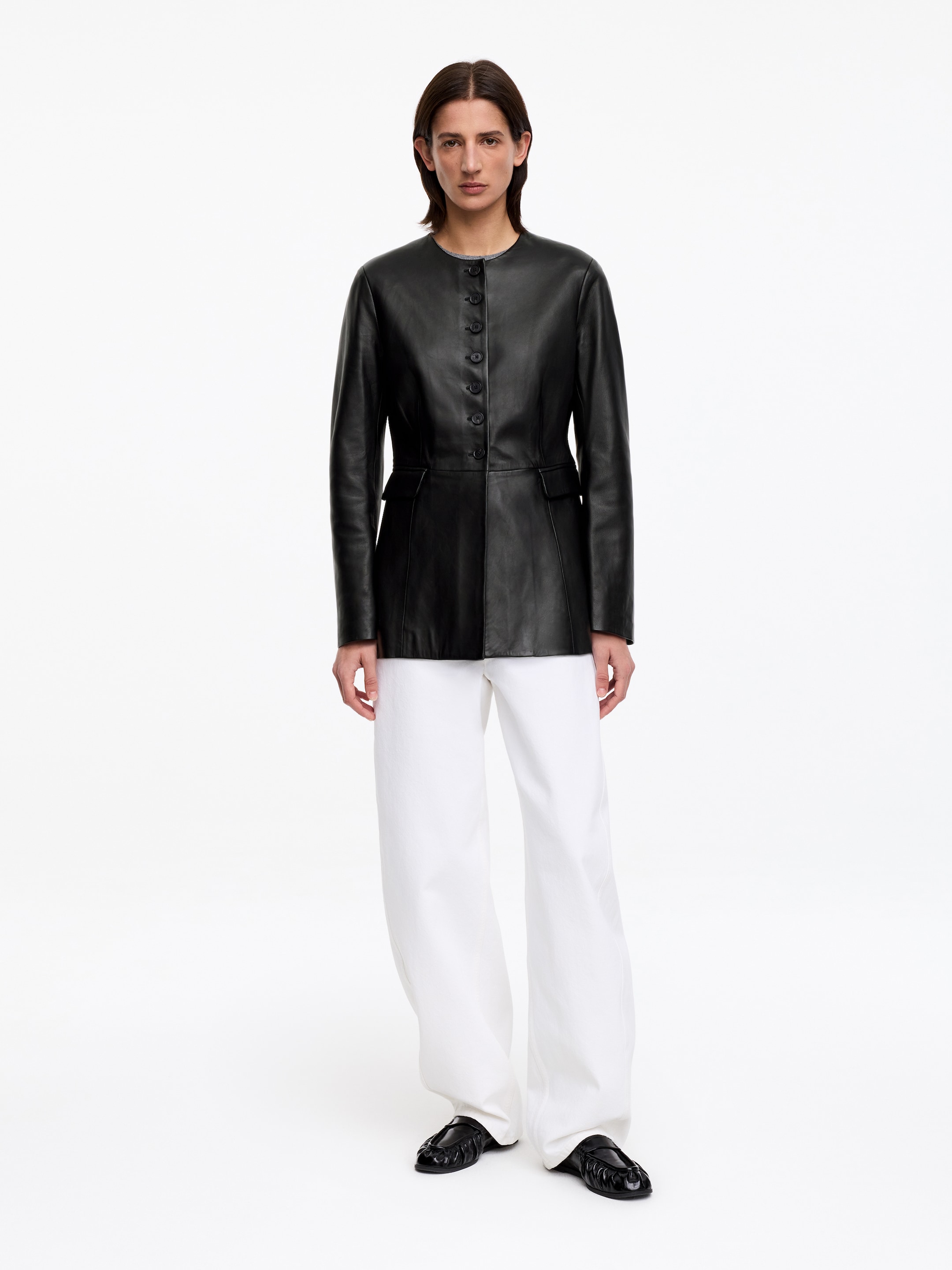 Collarless Leather Blazer - Black - Slim fit - Women - StillMedia/Lookbook - 8