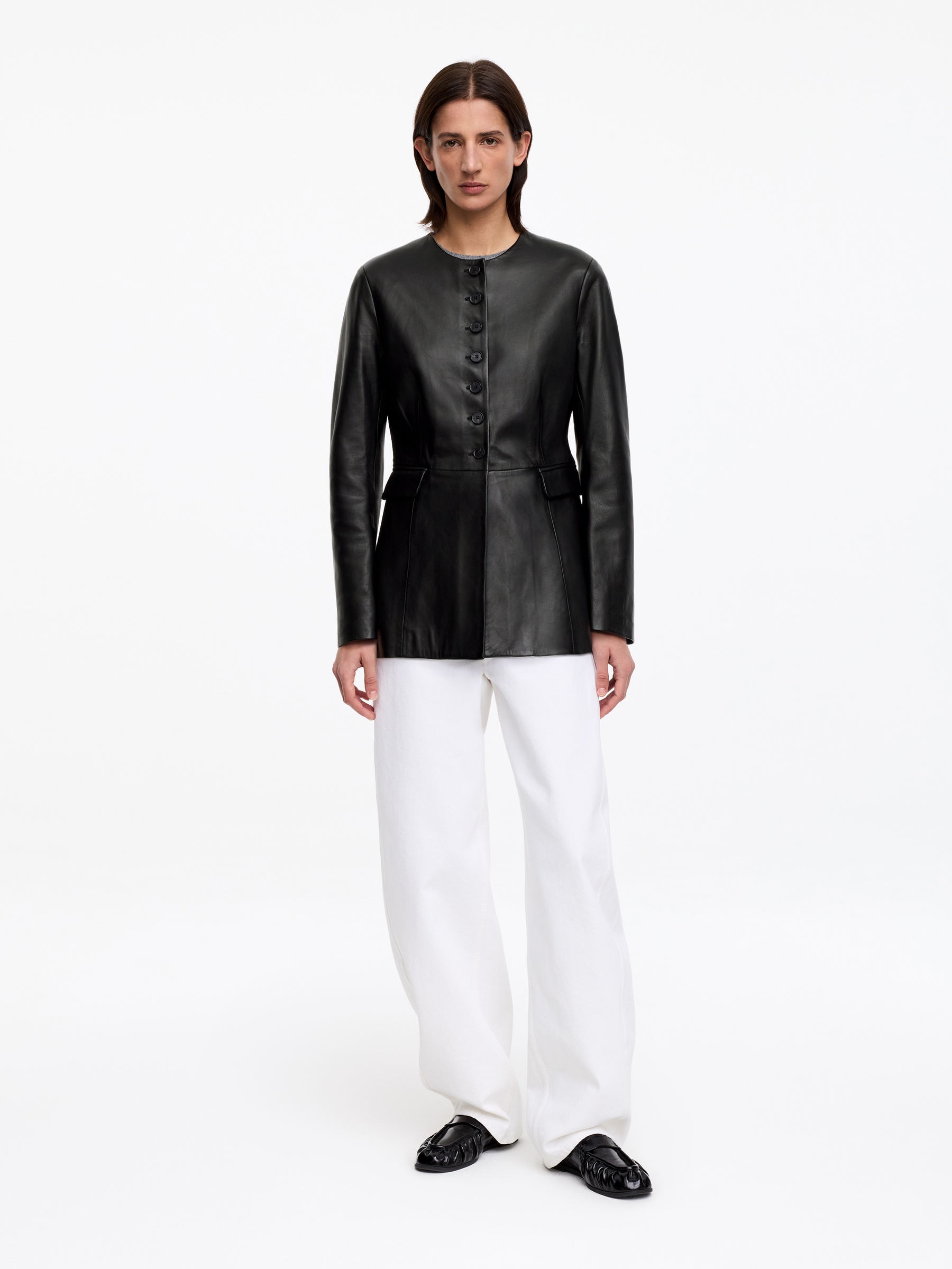 Collarless Leather Blazer-#272627-17292