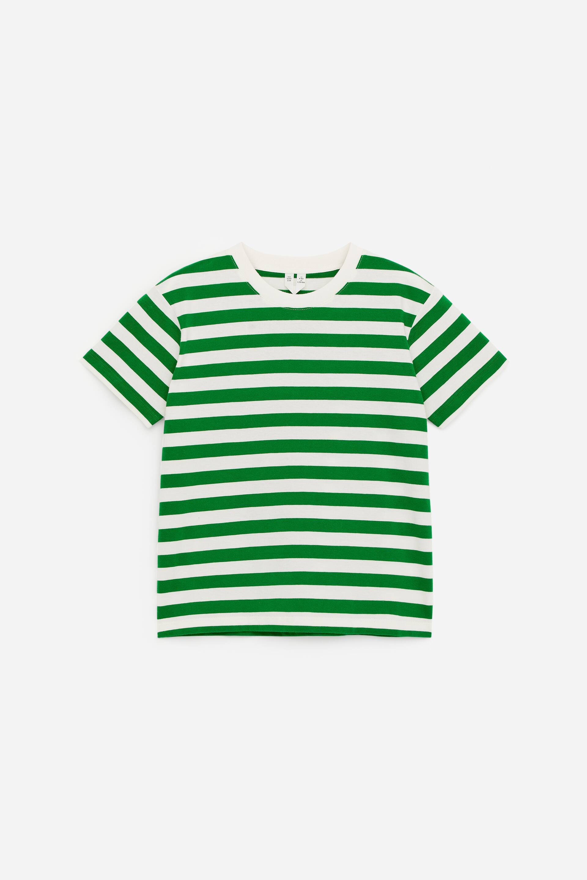View larger image: A T-shirt is displaying green and white horizontal stripes on its front, featuring a crew neck and short sleeves, and appearing in a regular fit.