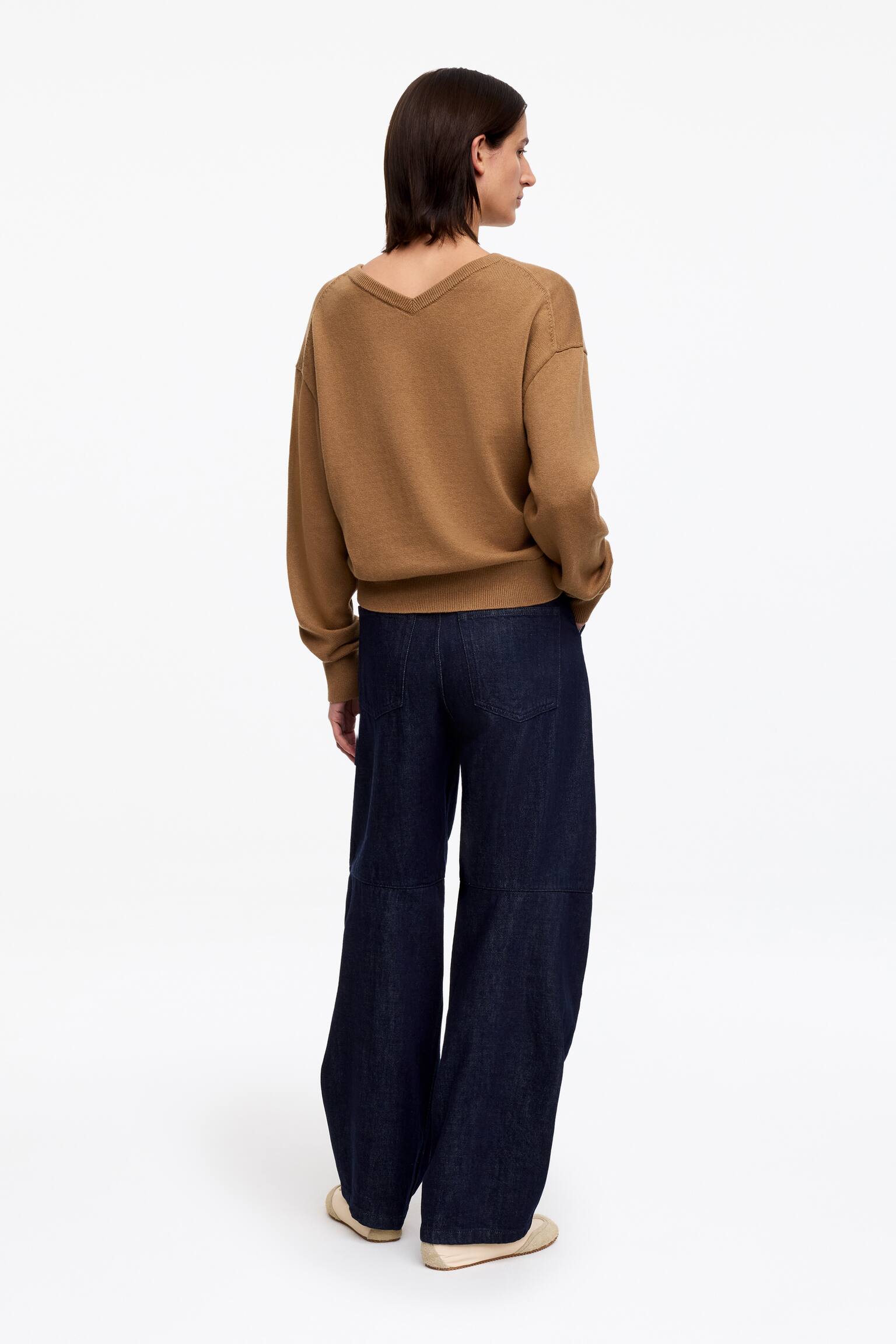 Sveter s výstrihom do V z bavlny a vlny - Hnedá/Sivá melírovaná - 6