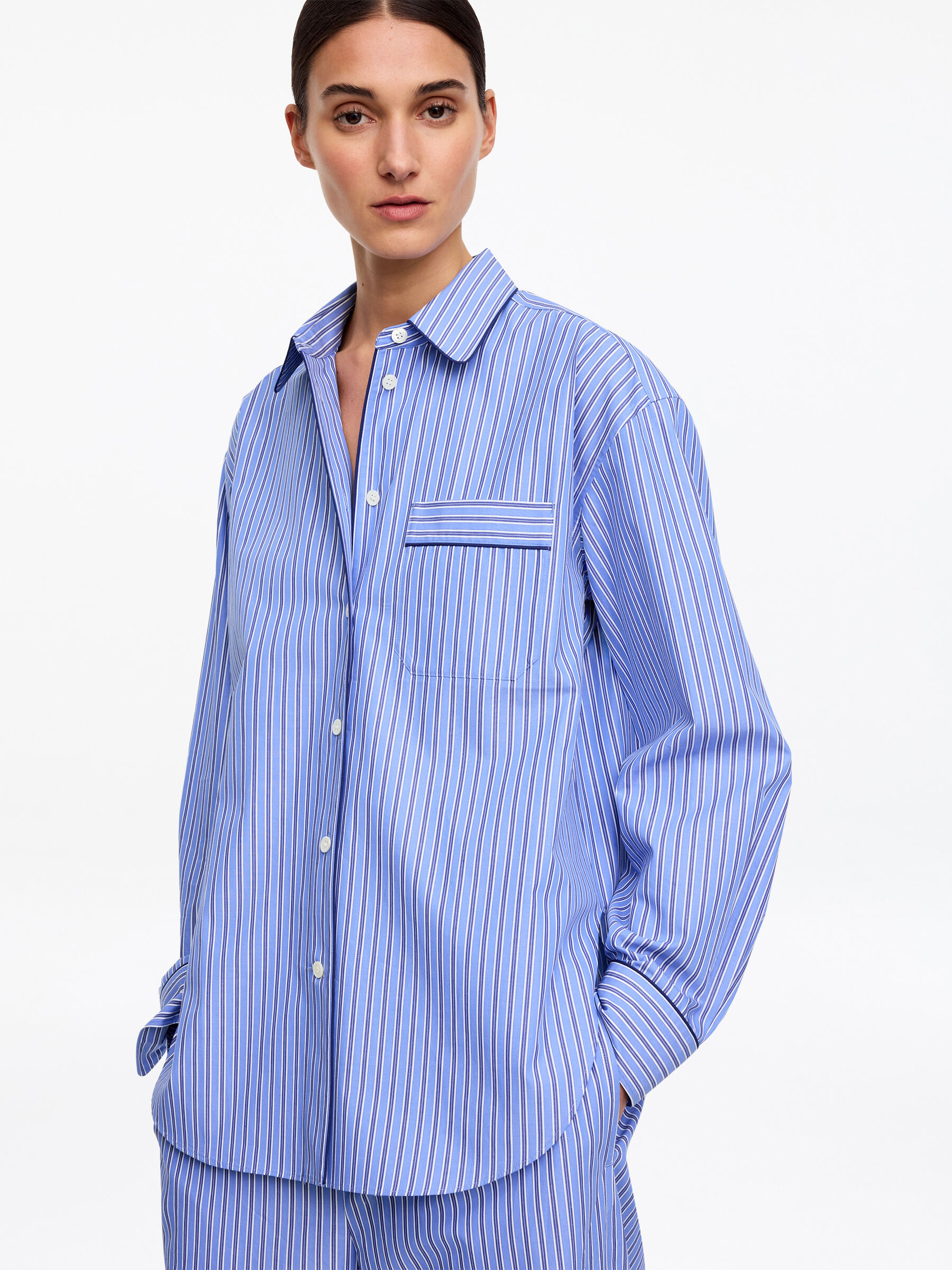Contrast-Piping Cotton Shirt - Blue/Striped - Regular fit - Women - StillMedia/Lookbook - 3