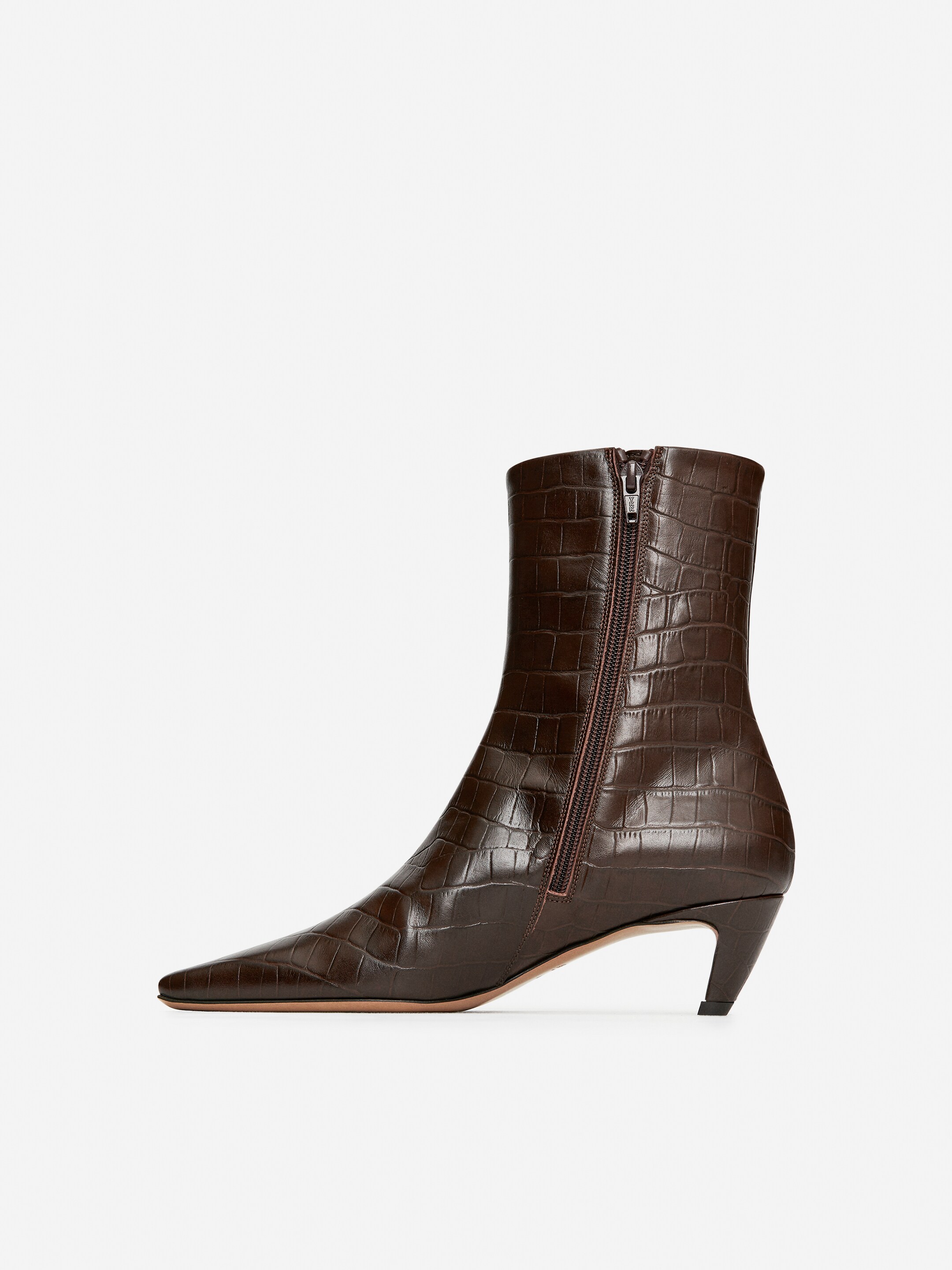 Square-Toe Ankle Boots - Dark Brown/Faux Crocodile - Women - StillMedia/DescriptiveStillLife - 11