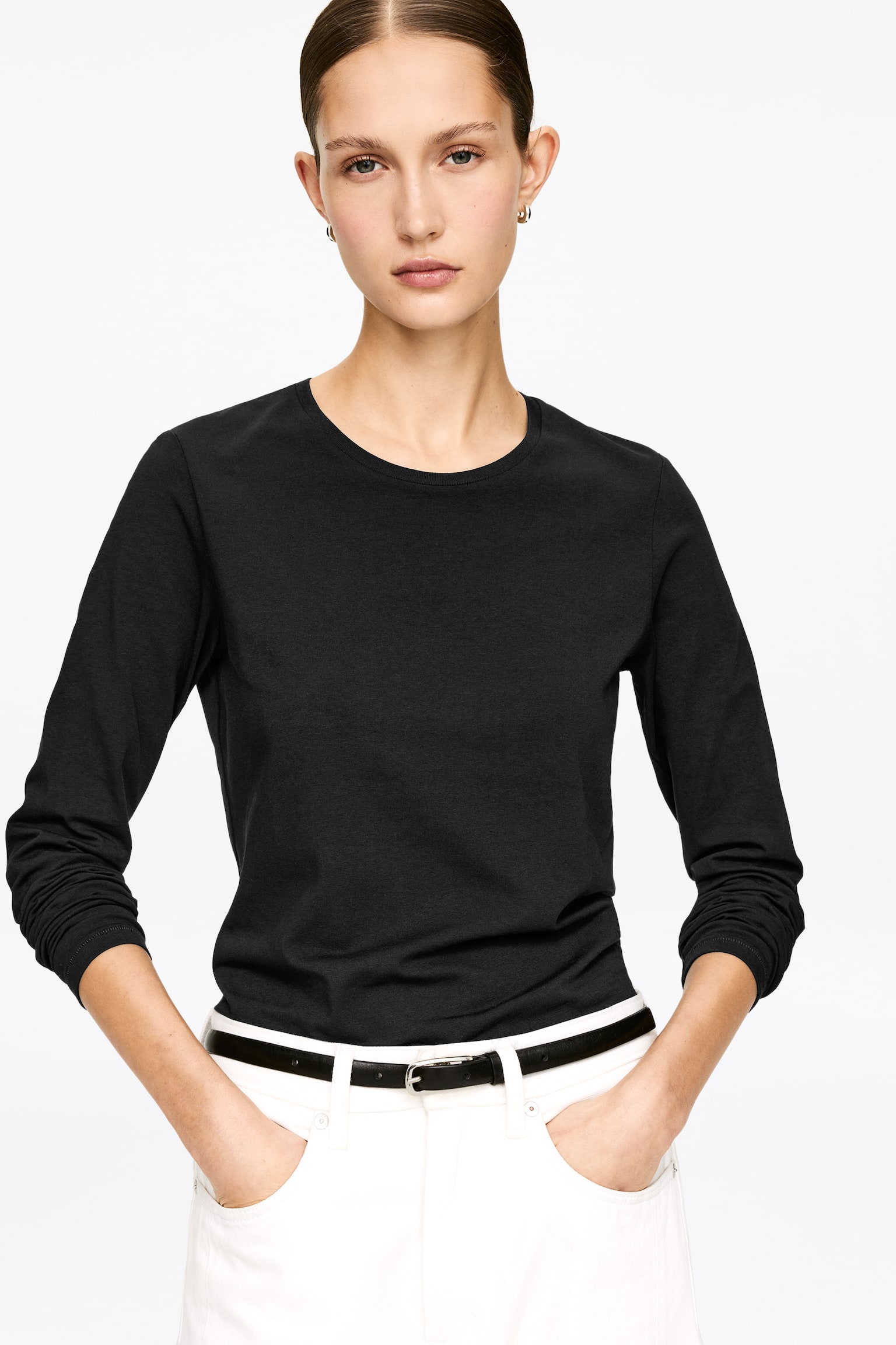 T-shirt à manches longues en coton extensible - Noir - 3