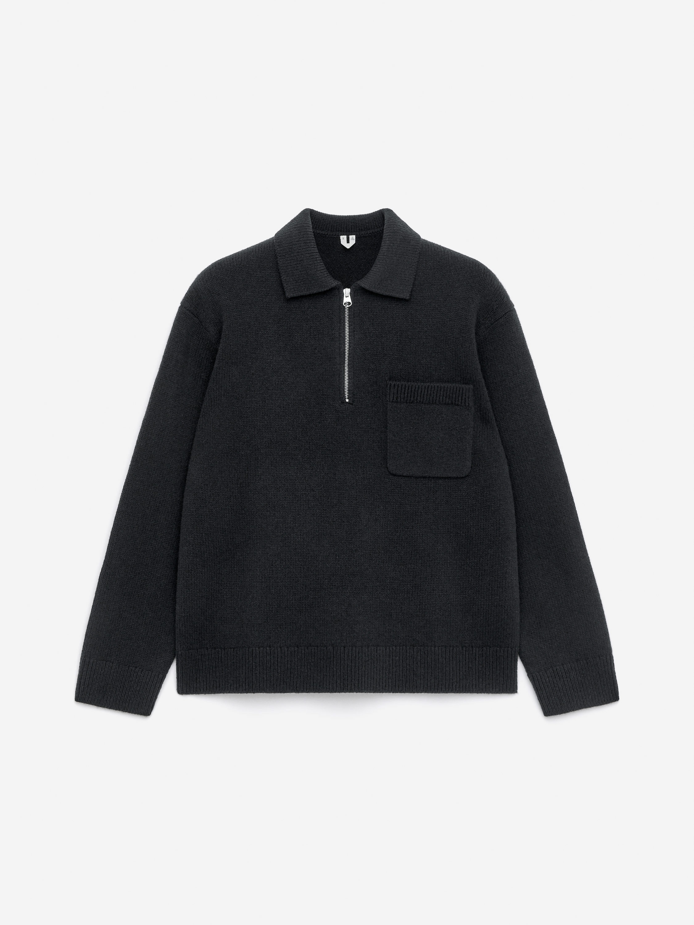 Knitted Wool Zip Polo Shirt-Black-16672