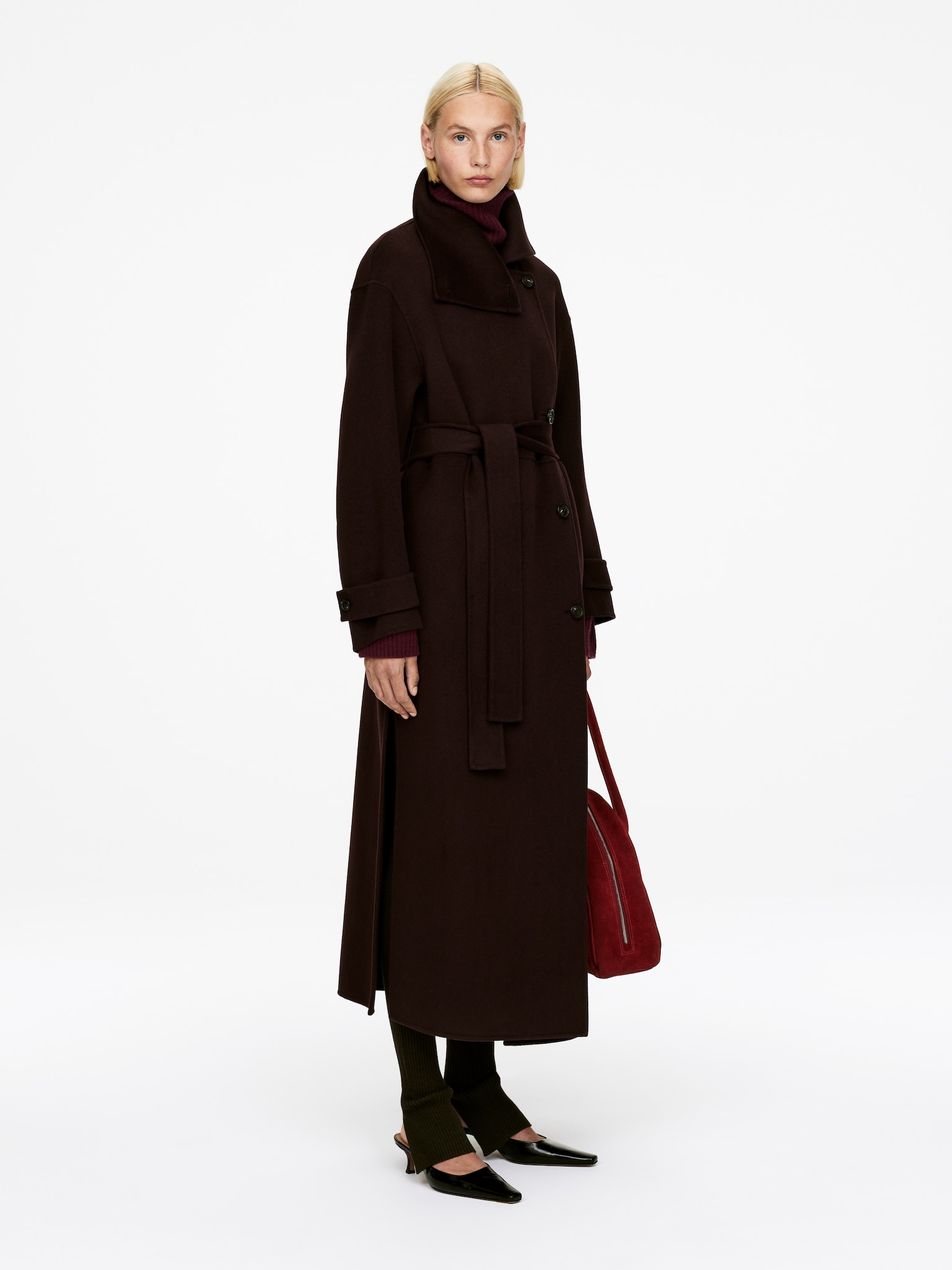 Manteau à col cheminée en laine mélangée - Bordeaux - 3