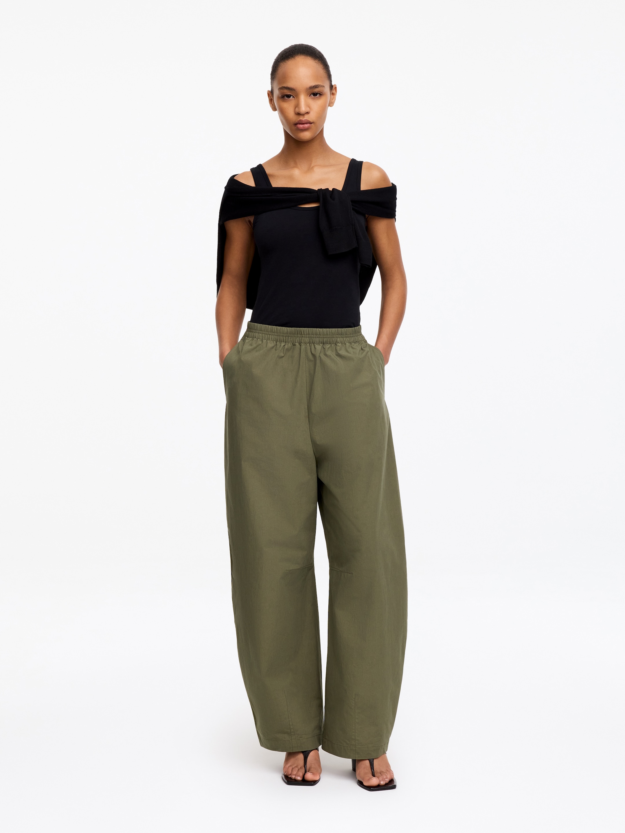 Barrel-Leg Cotton Trousers-Green-19923