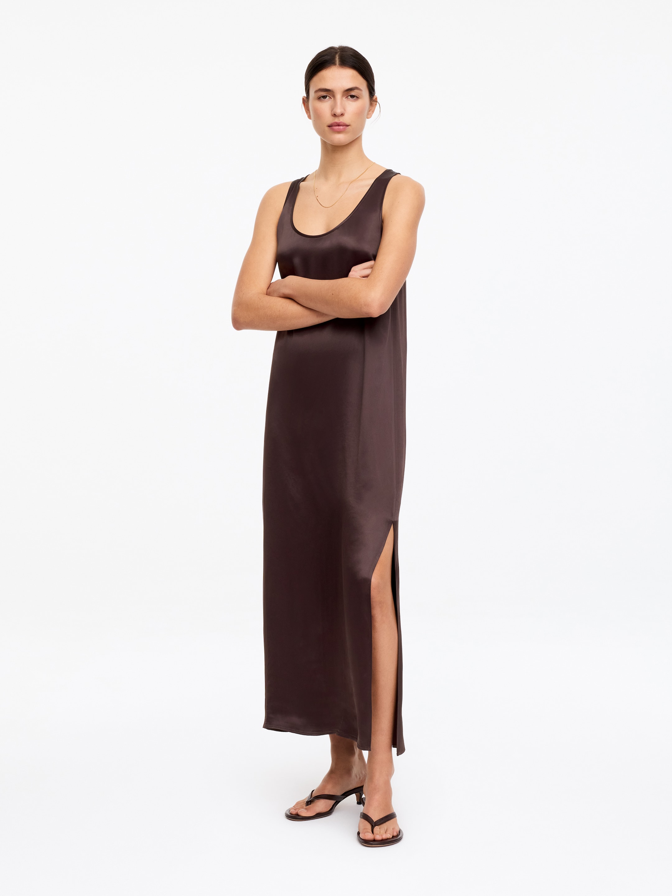 Sleeveless Satin Dress-#3C2A2B-18865