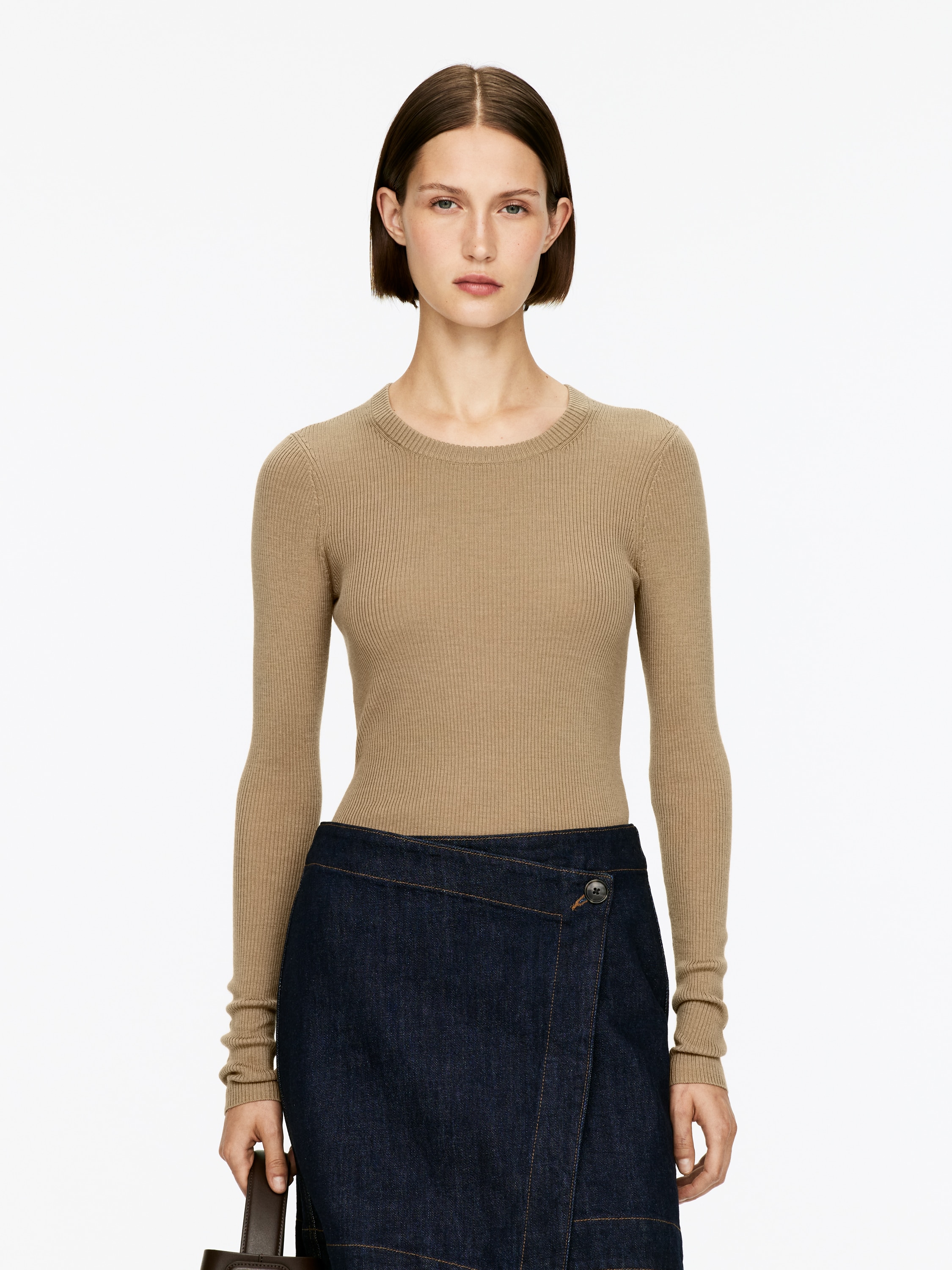 Ribstrikket merinotop - Mørk beige