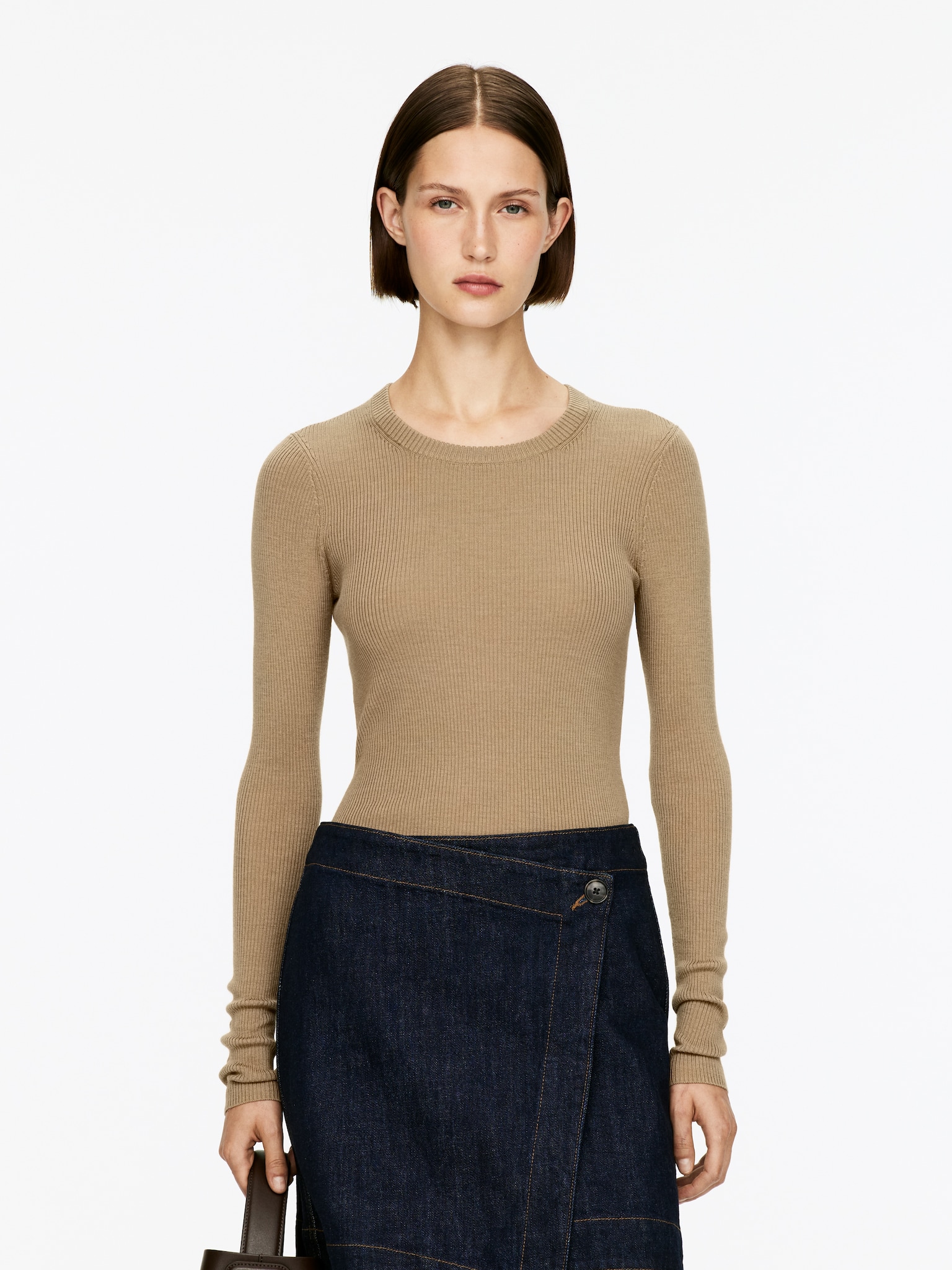 Rib-Knit Merino Top - Dark Beige/Black - 1