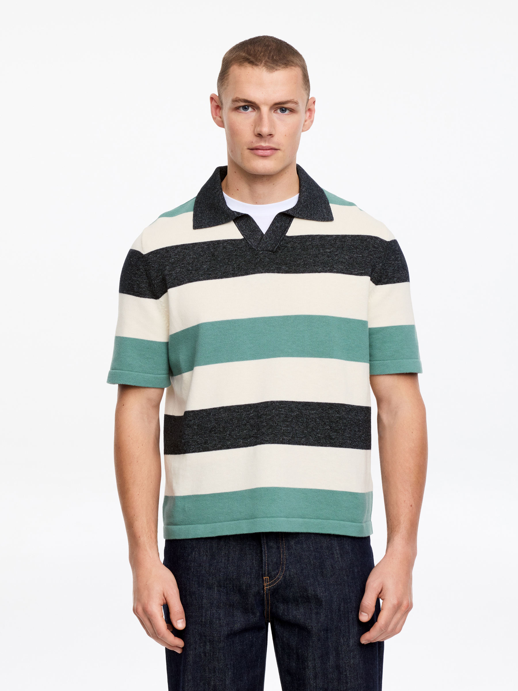 Block-Stripe Polo Shirt-#40424E-18678