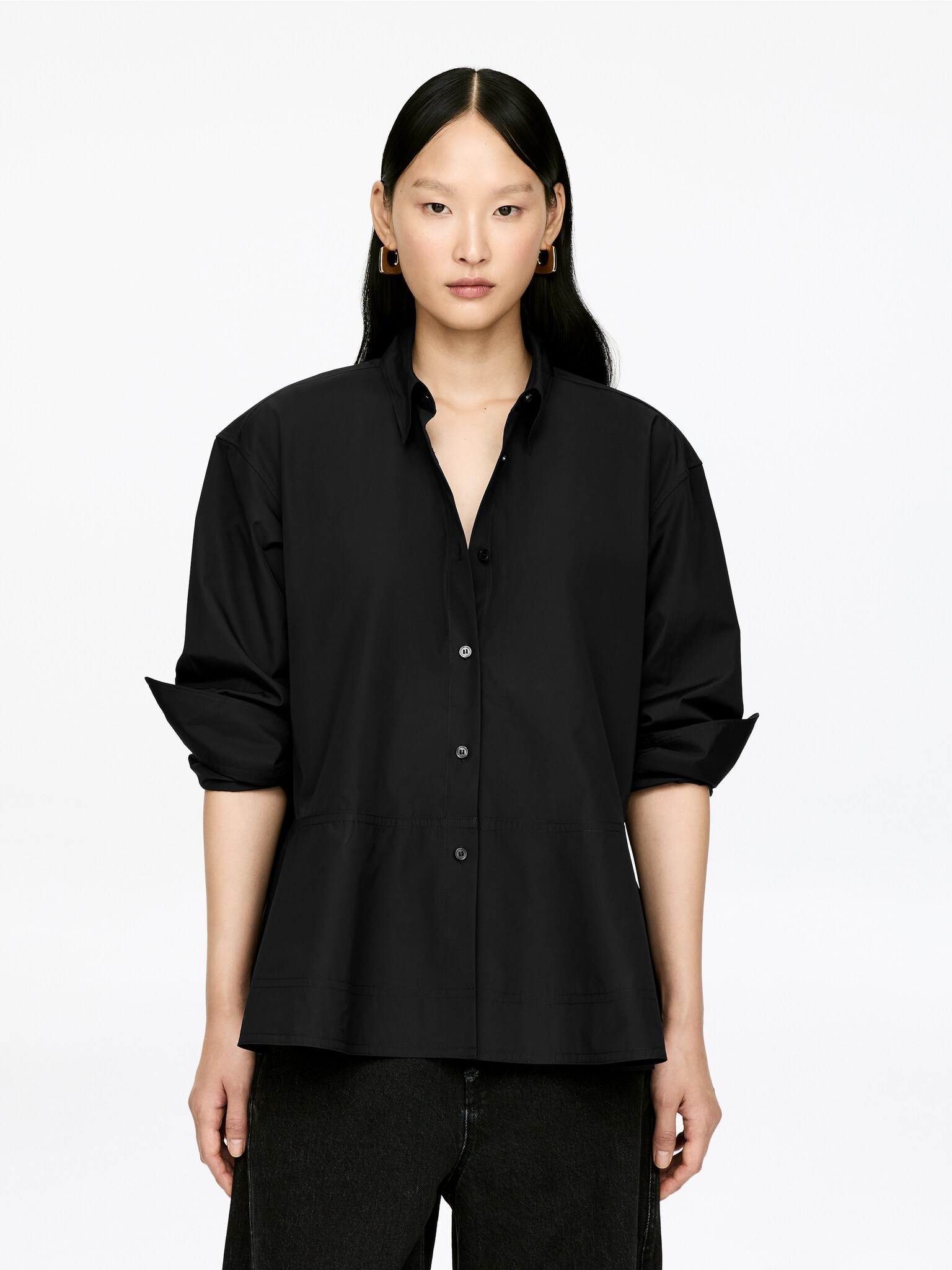 Bluză peplum din bumbac - Negru/Roșu închis - 2