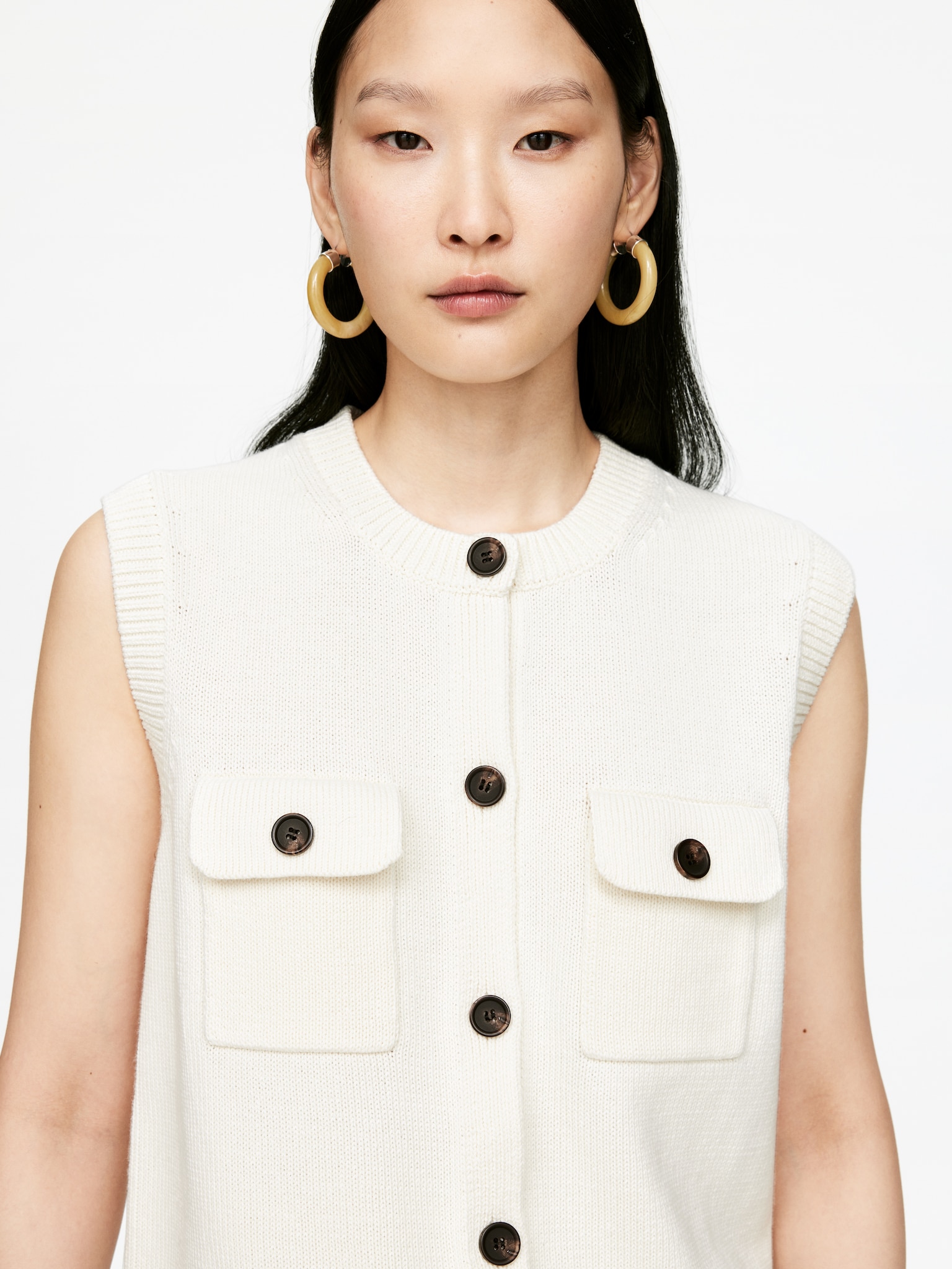 Knitted Cotton Vest - White/Reddish Brown - 4