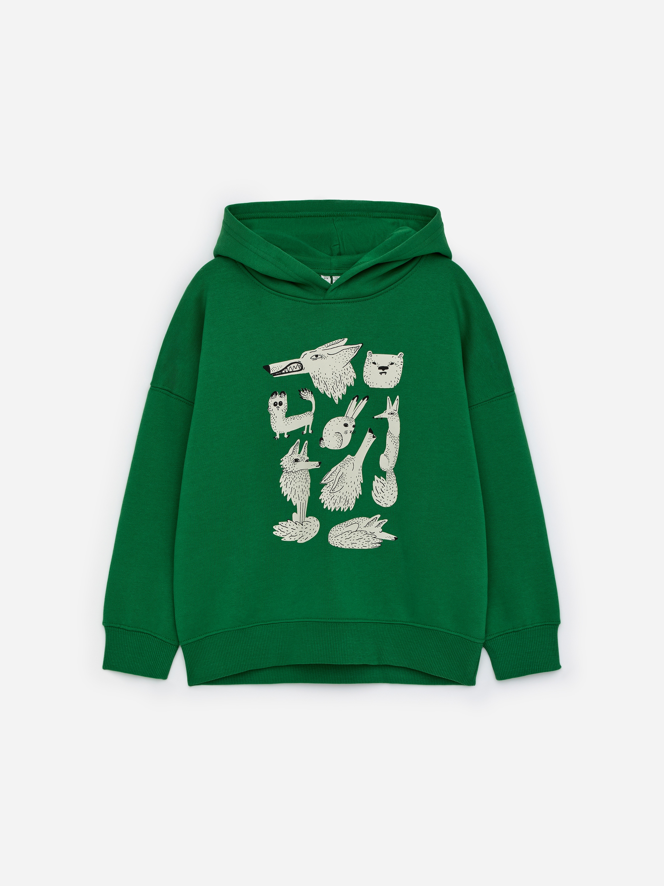 Agrandir l'image: Un sweat à capuche épais, fabriqué en coton, est présenté FRONT. Il est vert, avec des épaules tombantes, des poignets et un ourlet côtelés, et un imprimé animalier de couleur claire sur la poitrine.