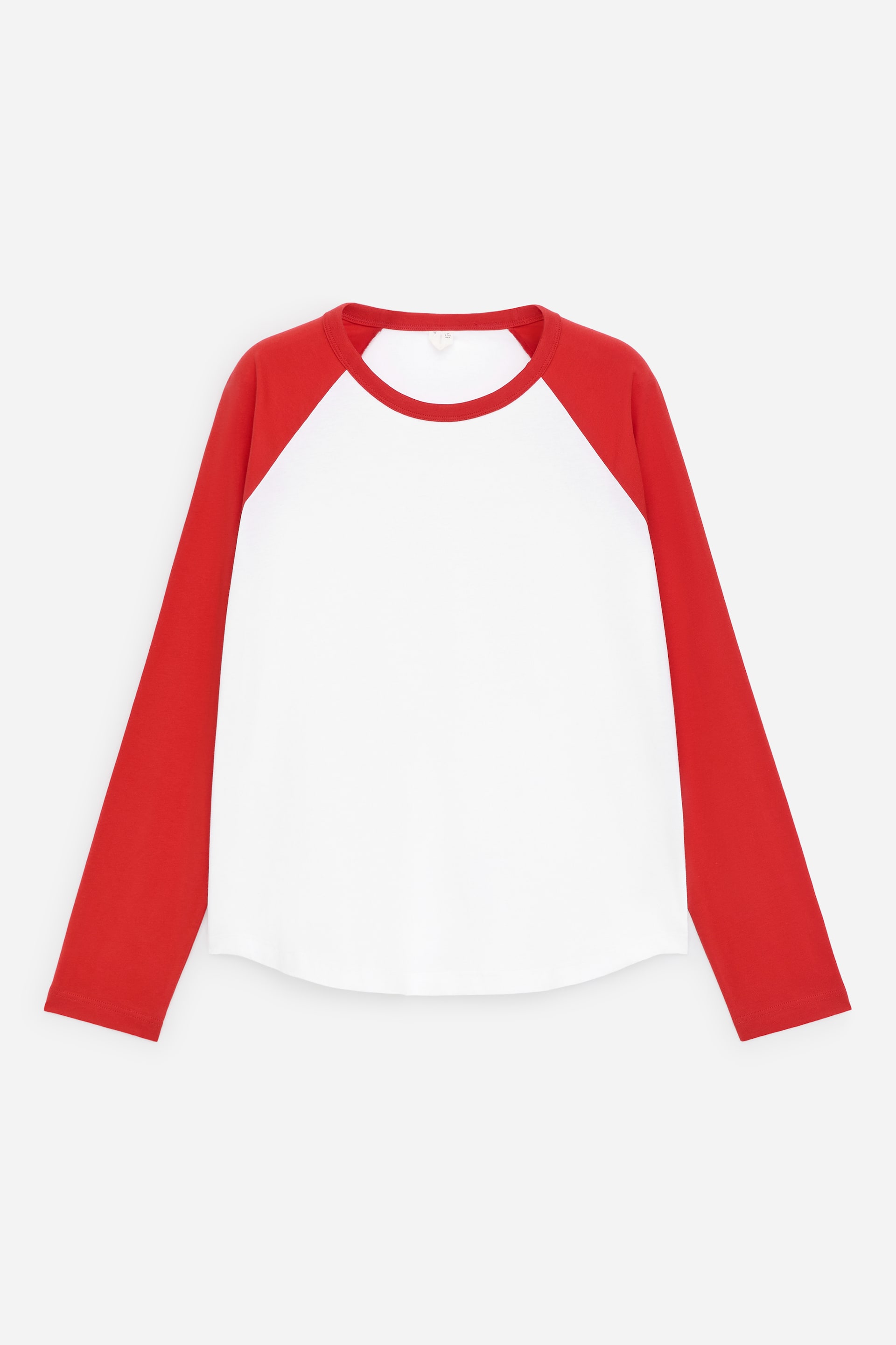 View larger image: FRONT Raglan-sleeve shirt features a white body with red long raglan sleeves, a red crew neck, and a curved hemline.