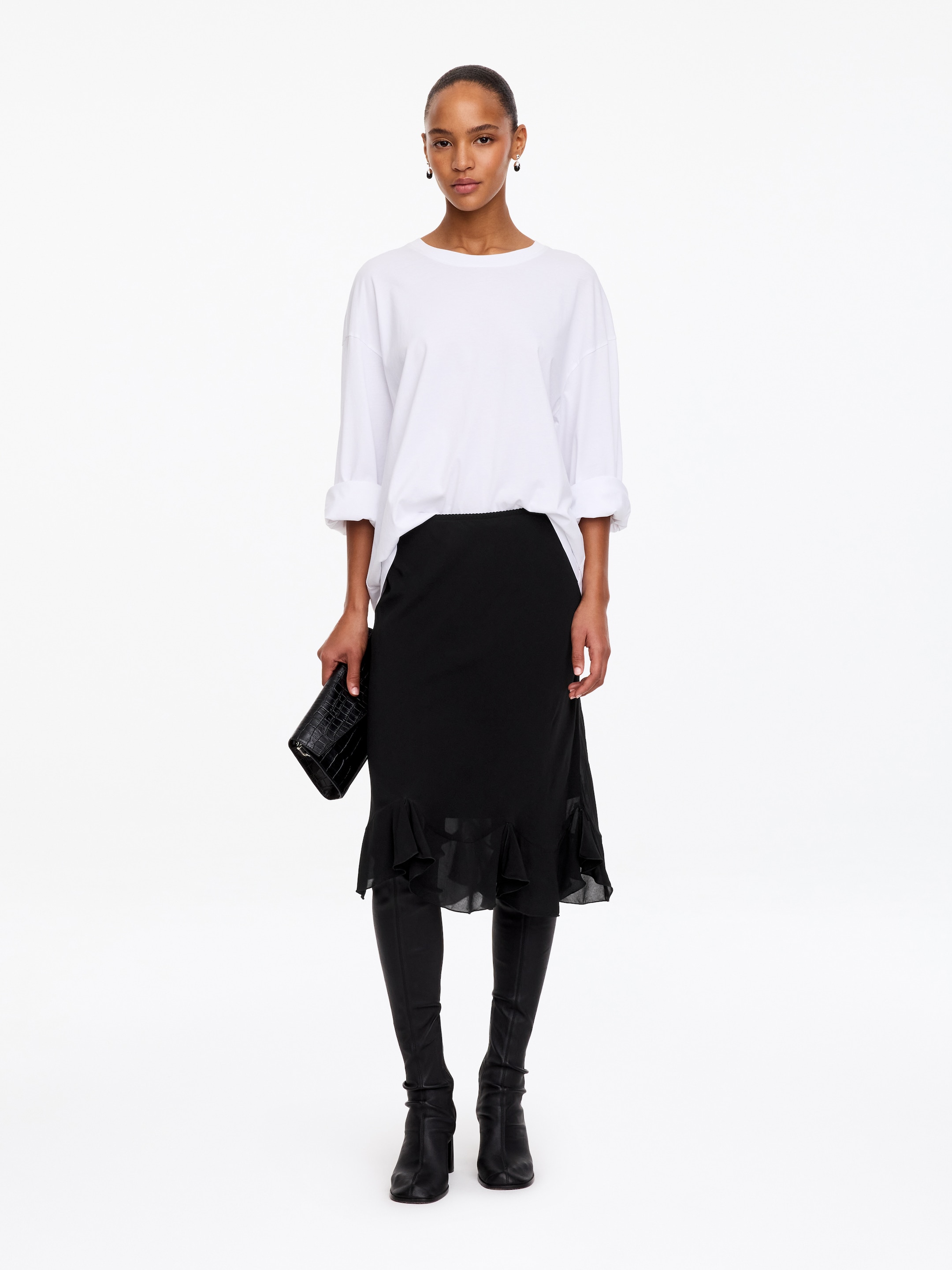Frill-Hem Midi Skirt-Black-20774
